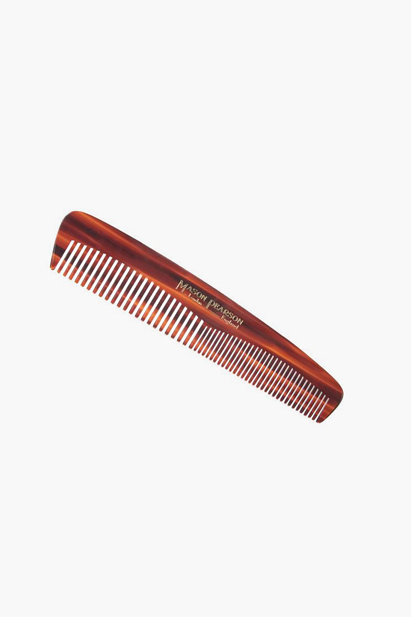 A brown Mason Pearson pocket comb with fine and wide teeth is shown, perfect for convenient on-the-go grooming.