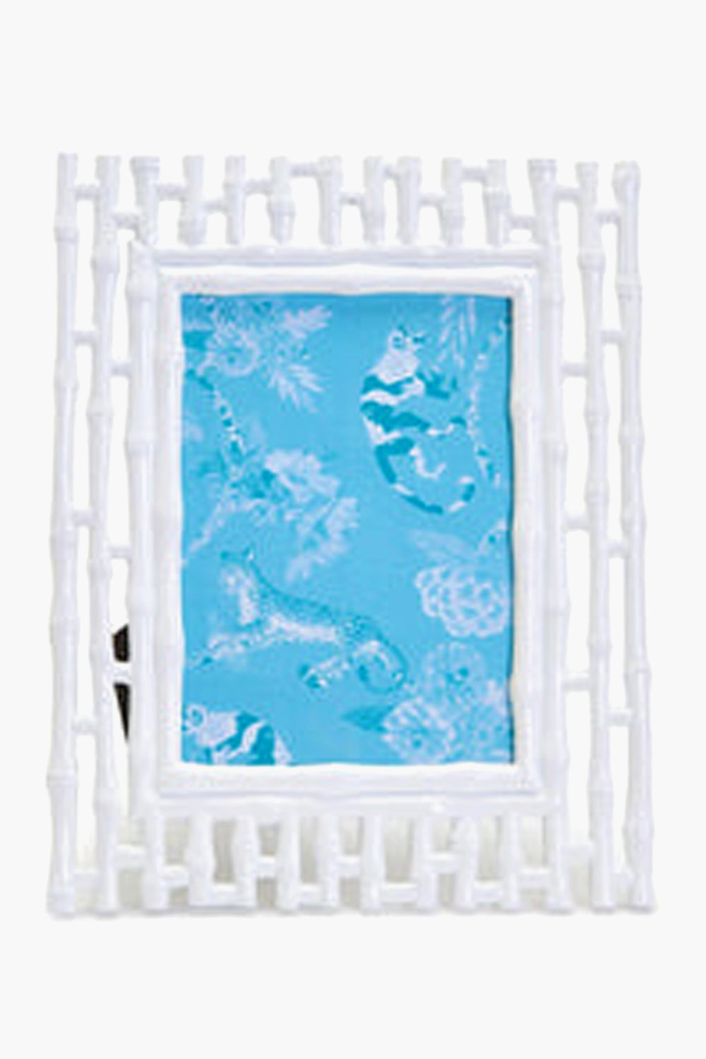 The Two's Company White Faux Bamboo Frame, rectangular for 5x7 photos, features a blue patterned image with fish and botanical motifs—ideal for Unique Collectables.