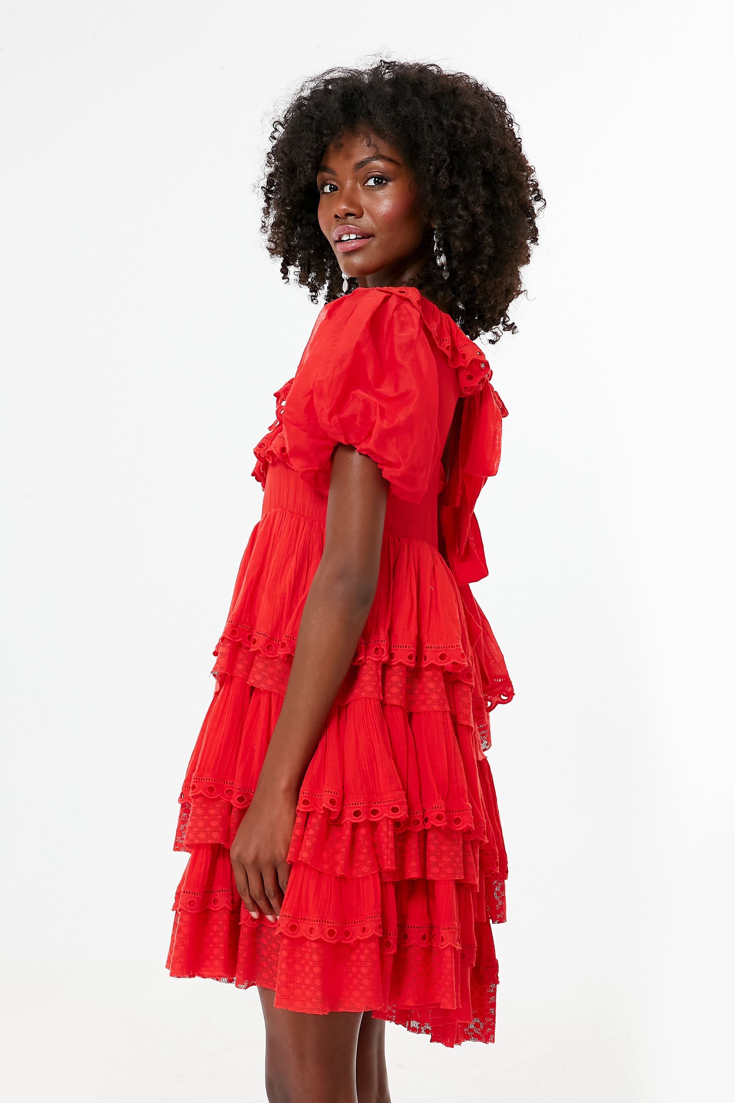 Poinciana Red Organdy Puff Sleeve Scalloped Layer Mini Dress