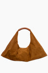 STAUD brown suede shoulder bag features a wide, triangular silhouette and a short leather-wrapped handle. This slouchy design blends style and practicality for a chic everyday accessory.