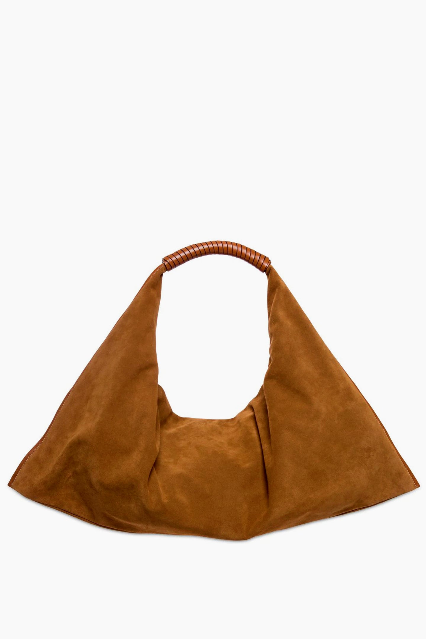 STAUD brown suede shoulder bag features a wide, triangular silhouette and a short leather-wrapped handle. This slouchy design blends style and practicality for a chic everyday accessory.