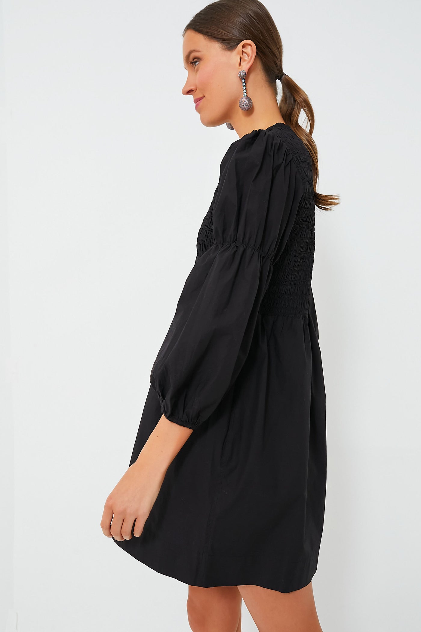 Black Cotton Poplin Mini Smock Dress