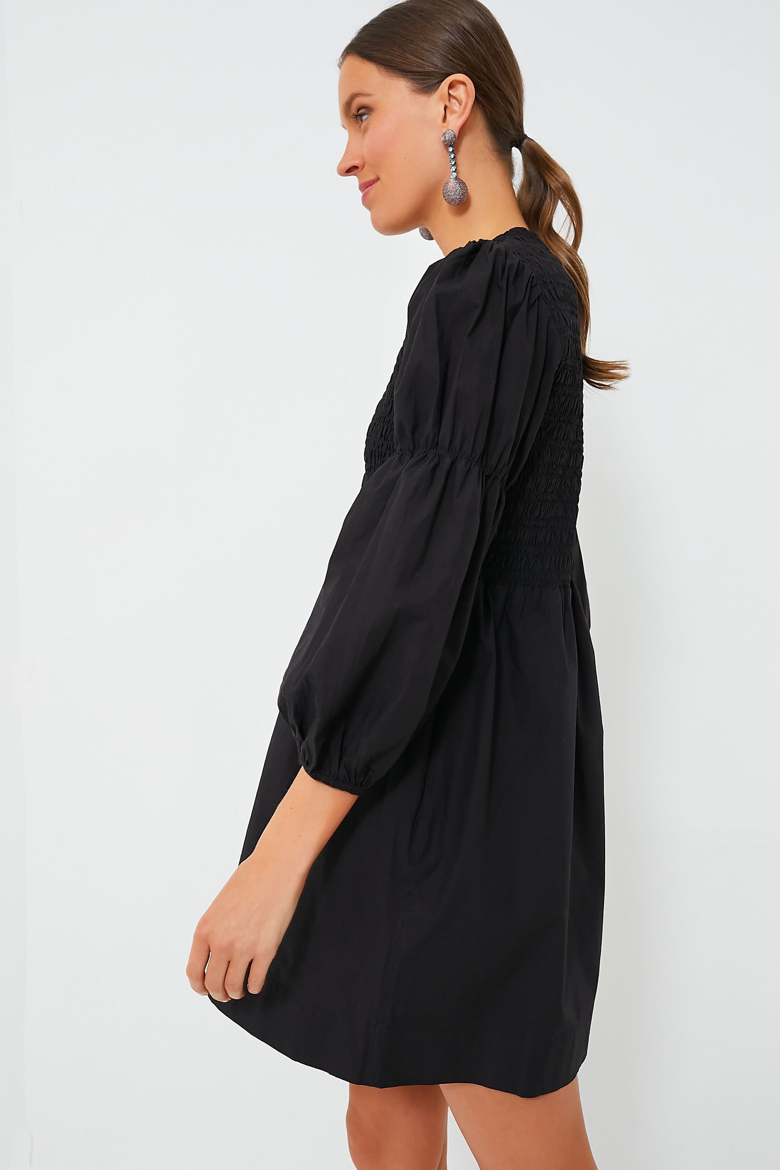 Black Cotton Poplin Mini Smock Dress