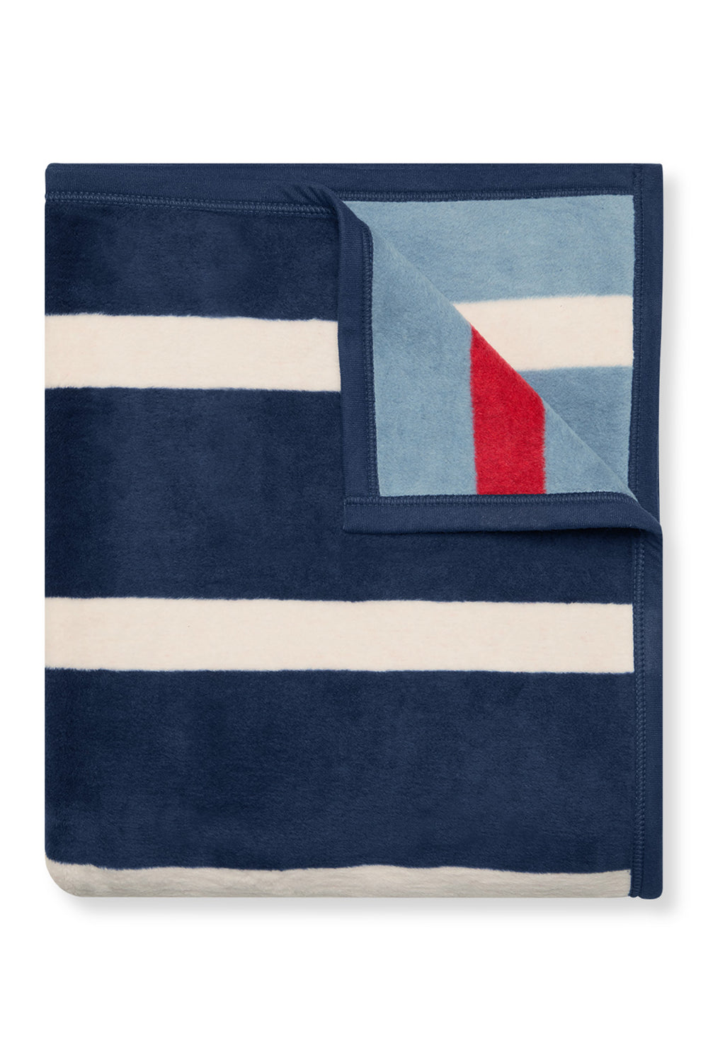 A folded ChappyWrap blanket featuring navy blue, white, and light blue stripes with a red corner accent.