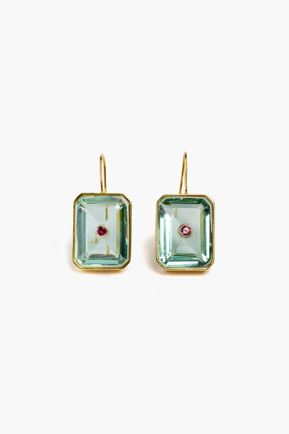 A pair of Lizzie Fortunato rectangle drop earrings with green gemstones in gold-plated brass, each centered with a small red stone.