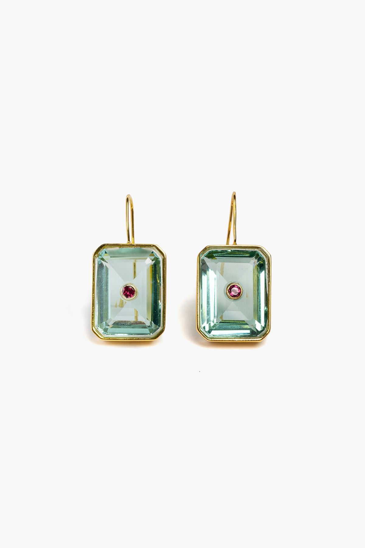 A pair of Lizzie Fortunato rectangle drop earrings with green gemstones in gold-plated brass, each centered with a small red stone.