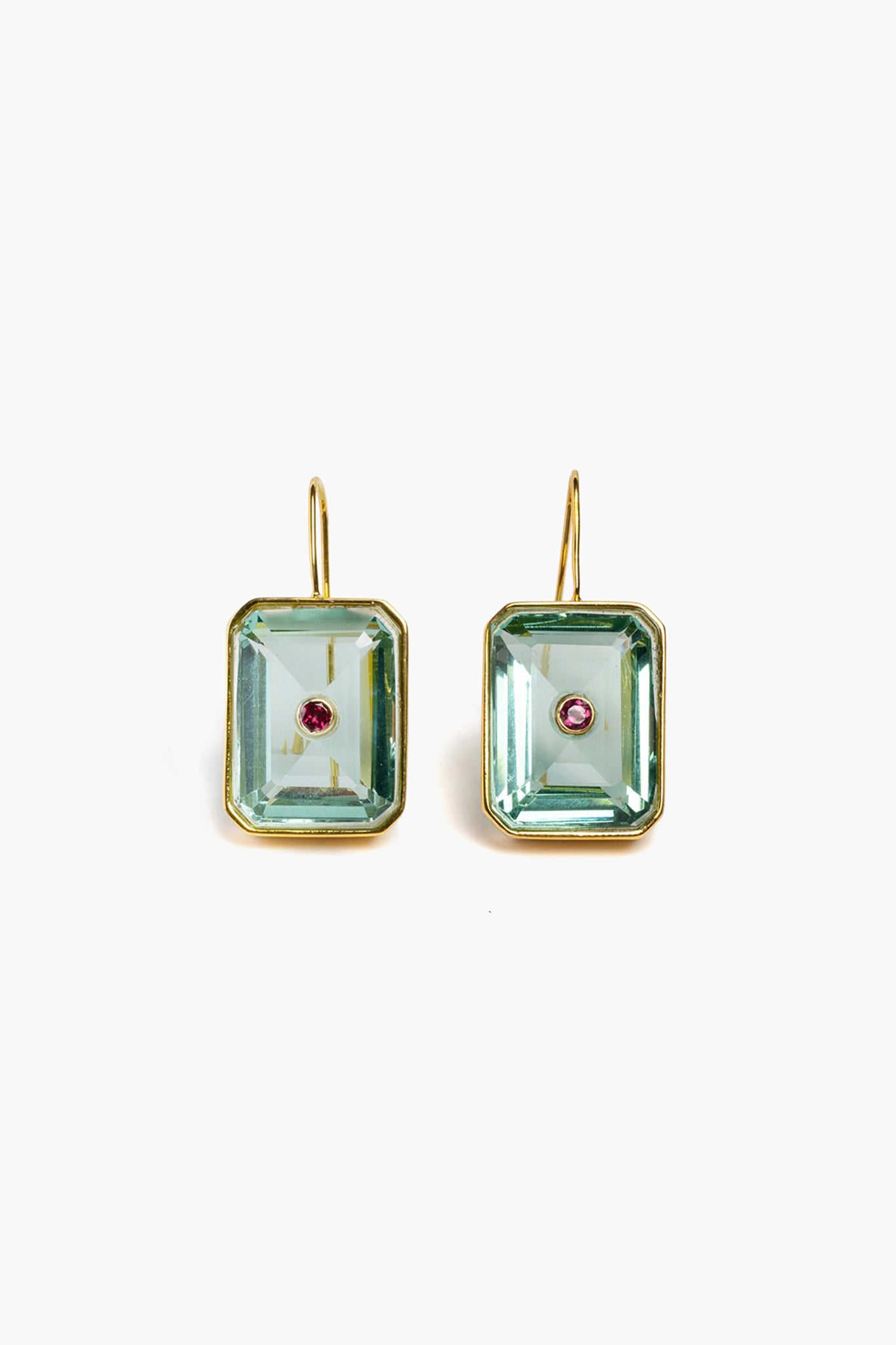 A pair of Lizzie Fortunato rectangle drop earrings with green gemstones in gold-plated brass, each centered with a small red stone.