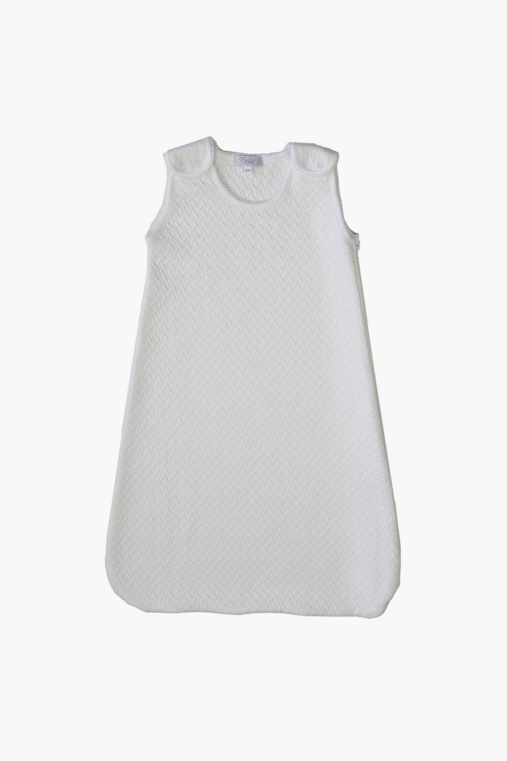 Nella Pima’s white sleeveless Quilted Baby Sack is crafted from soft Peruvian Pima cotton with textured fabric and shoulder snap closures.