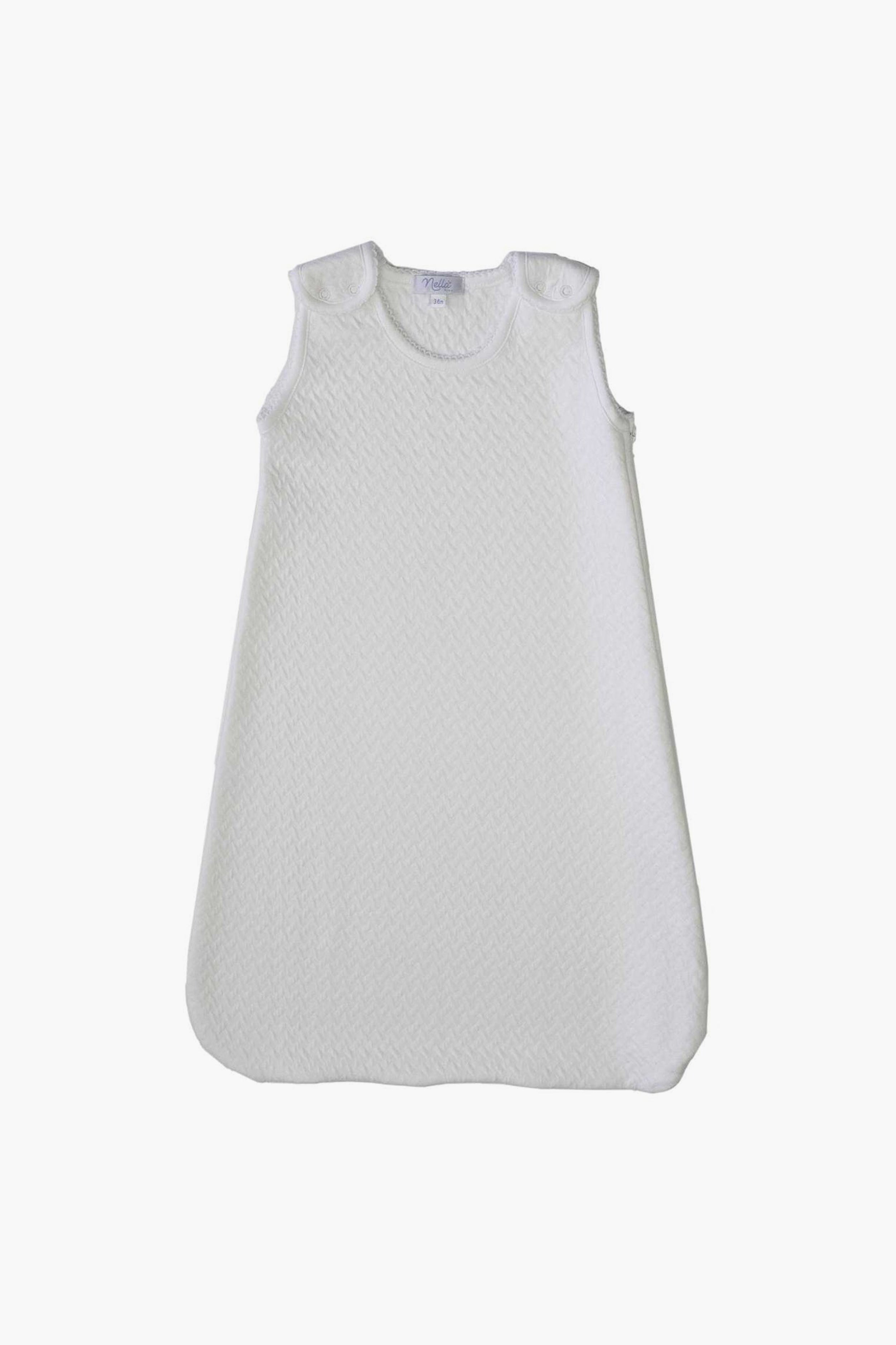 Nella Pima’s white sleeveless Quilted Baby Sack is crafted from soft Peruvian Pima cotton with textured fabric and shoulder snap closures.
