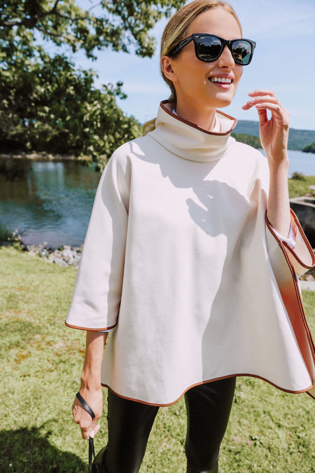Ivory Pearl Leather Trim Funnel Neck Piper Poncho