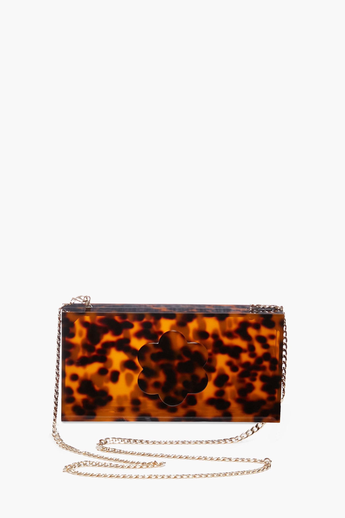 ASHA rectangular tortoise pattern clutch with a cutout floral motif, thin metal chain strap, and chic acrylic design.