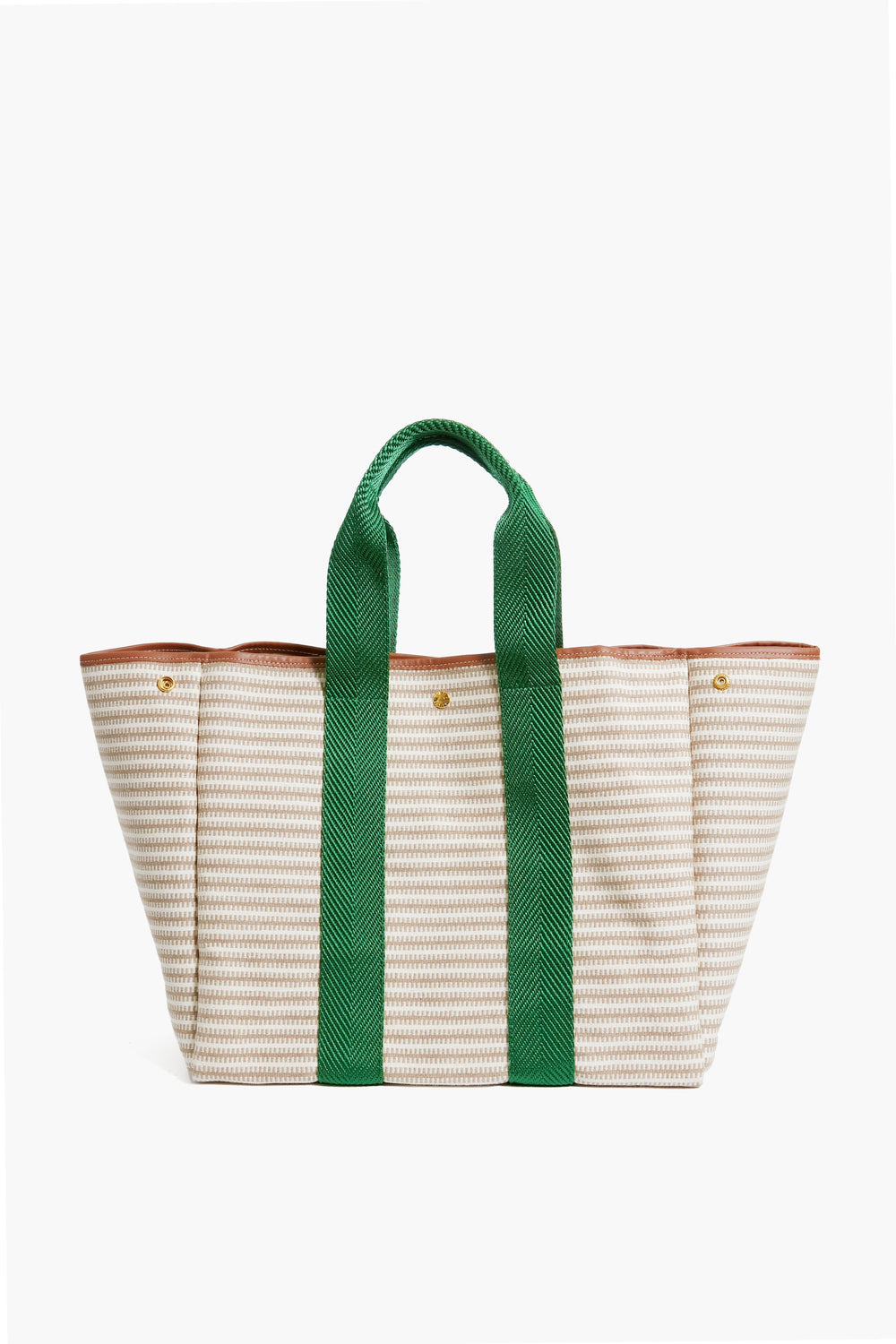Rue de Verneuil’s beige and white striped tote bag features green fabric handles and brown trim, making it a stylish addition to any luxury tote collection.