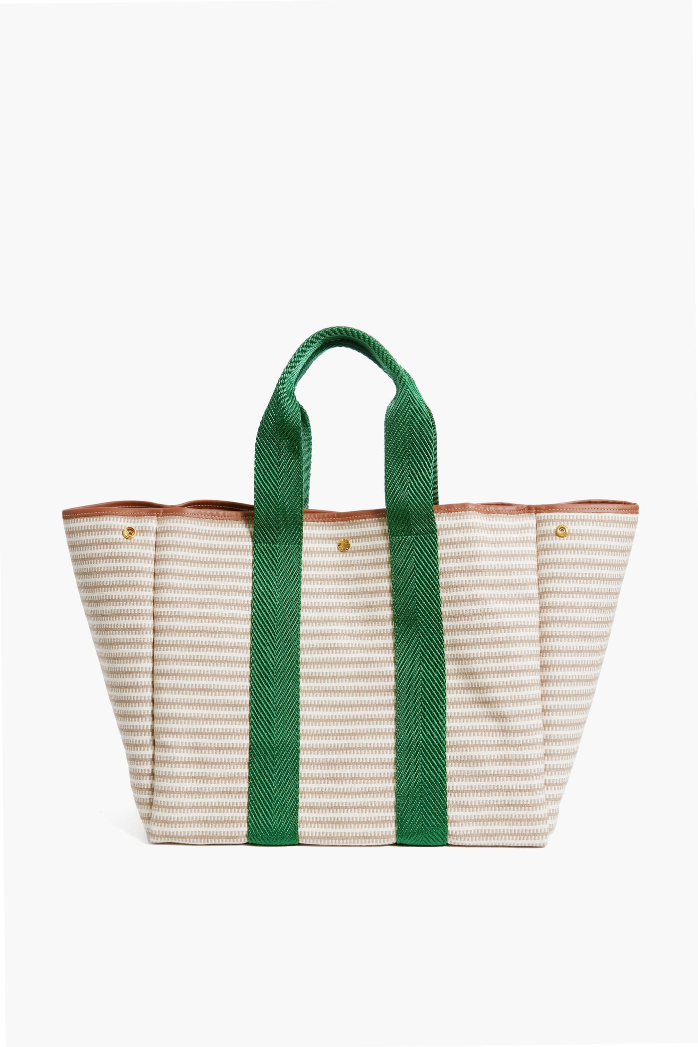 Rue de Verneuil’s beige and white striped tote bag features green fabric handles and brown trim, making it a stylish addition to any luxury tote collection.