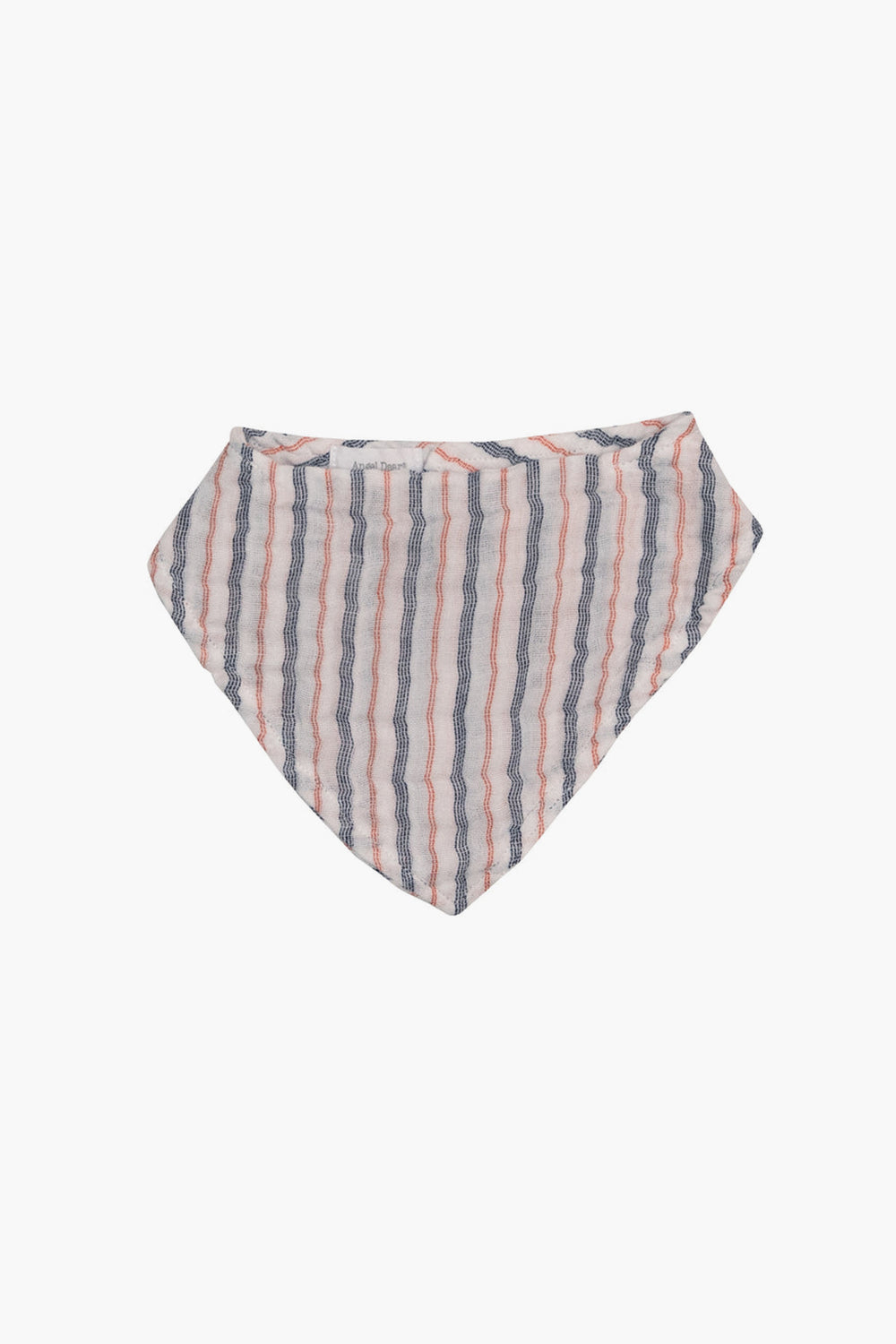Angel Dear triangular bandana bib made from organic cotton muslin, featuring a white base with red and blue vertical stripes.