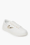 White Tretorn Nylite Canvas Sneaker featuring gold metallic accents and white laces, shown from the front.