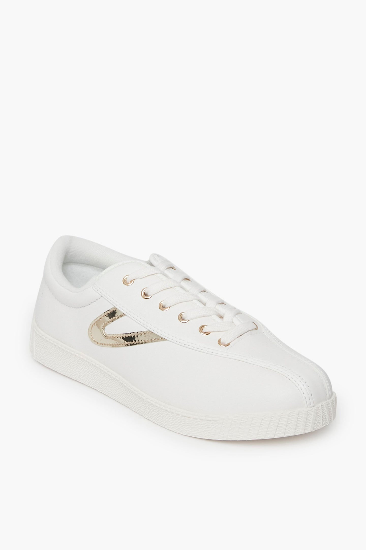 White Tretorn Nylite Canvas Sneaker featuring gold metallic accents and white laces, shown from the front.