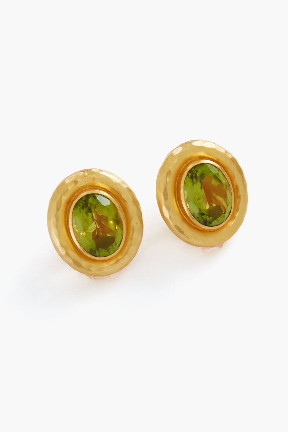 A pair of round 24k gold plated VALERE earrings featuring green tourmaline quartz oval gemstones at the center, showcasing elegant handmade jewelry.