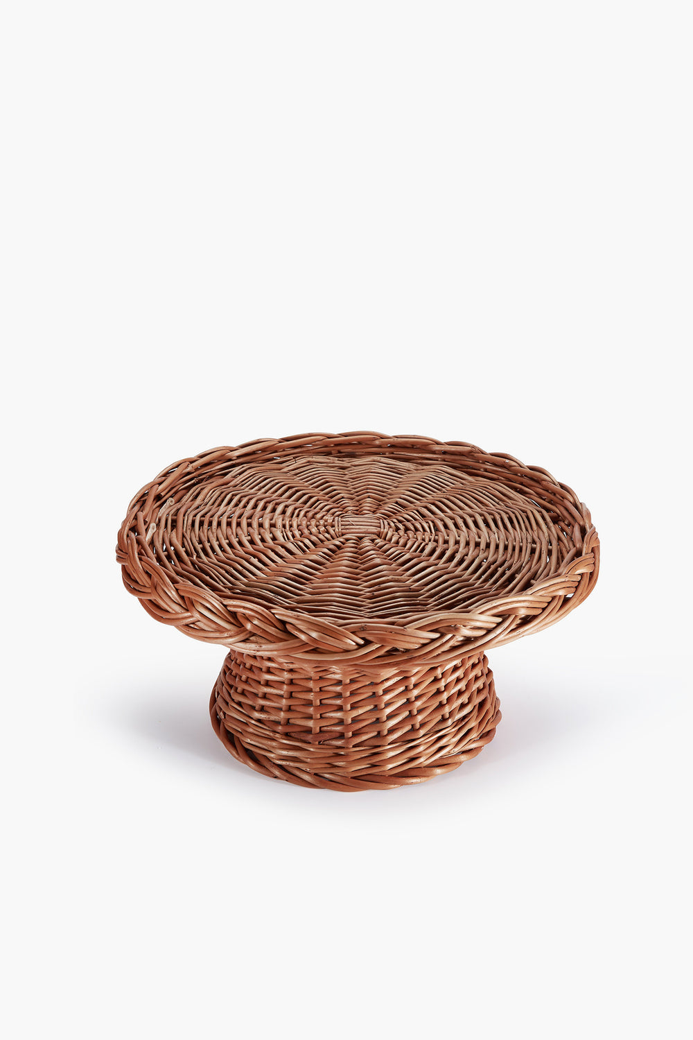The Chefanie round woven Wicker Cake Stand features a flat top and sturdy short base, making it a charming and unique housewarming gift that enhances any table setting.