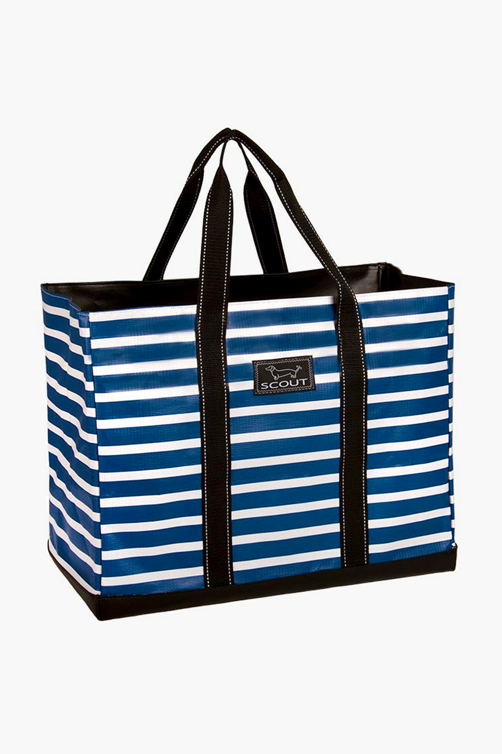 Affordable tote from SCOUT featuring blue and white stripes, black reinforced handles, and the SCOUT logo on the front—ideal for anyone seeking a stylish and practical carryall bag.