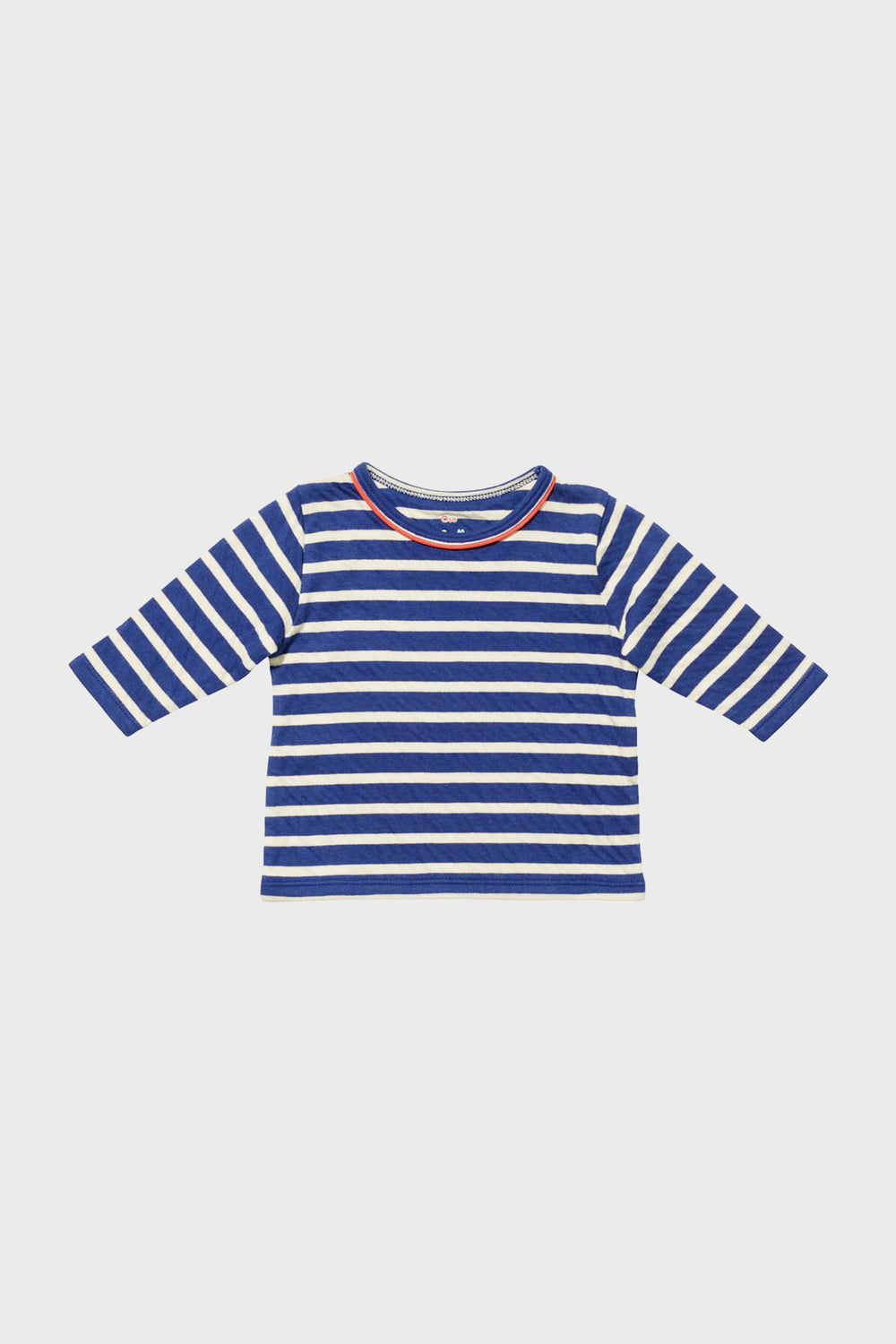 Oso & Me long-sleeve kids shirt featuring blue and white horizontal stripes, a red neckline accent, and crafted from soft pima cotton.