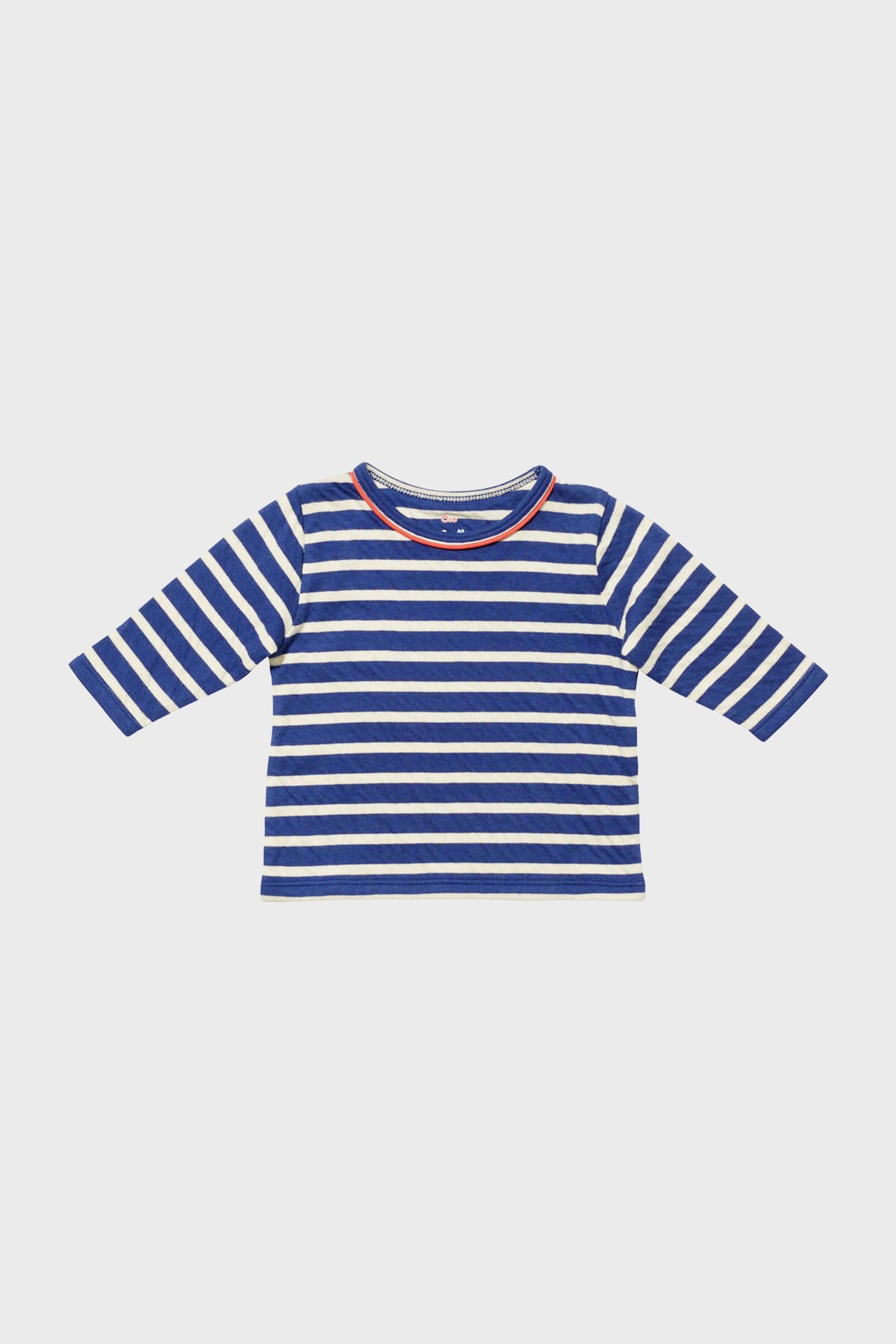 Oso & Me long-sleeve kids shirt featuring blue and white horizontal stripes, a red neckline accent, and crafted from soft pima cotton.