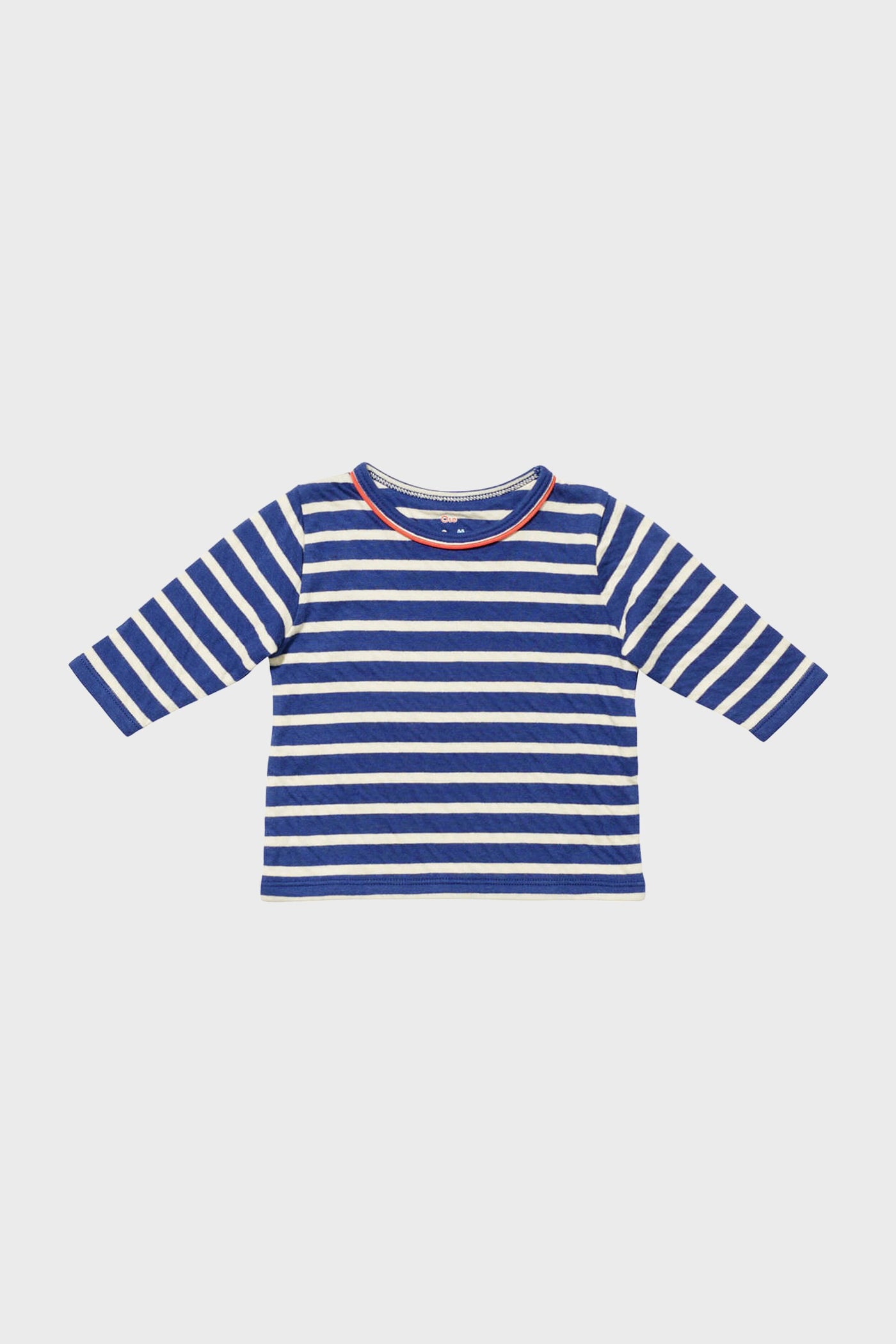 Oso & Me long-sleeve kids shirt featuring blue and white horizontal stripes, a red neckline accent, and crafted from soft pima cotton.