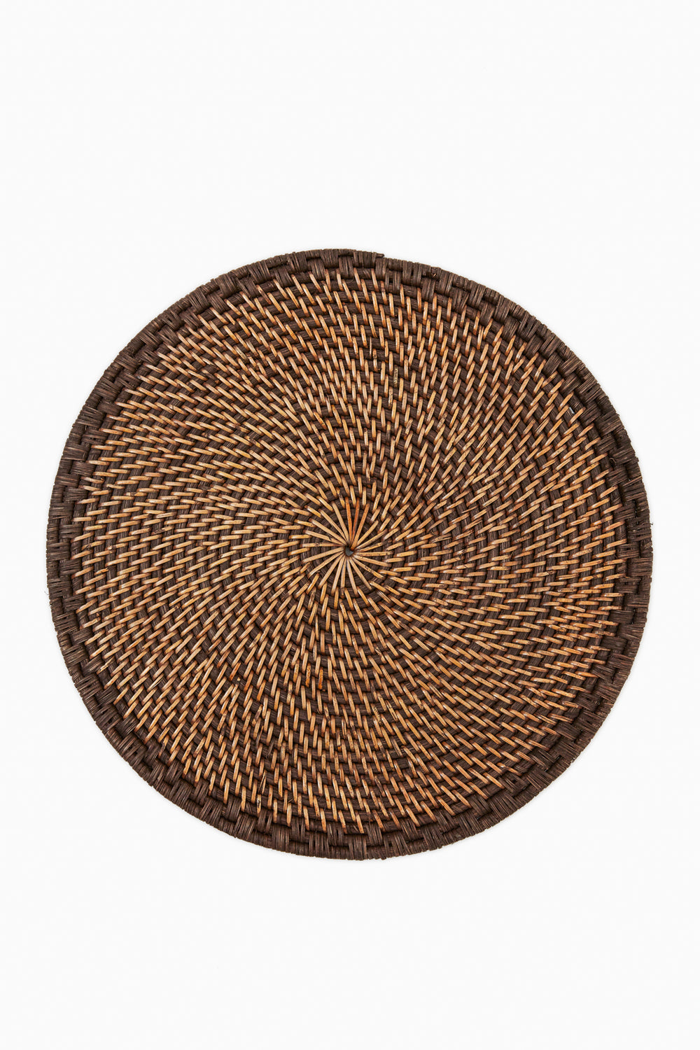 Caton's Wharf round woven rattan placemat features a brown and tan pattern, crafted in natural tones.
