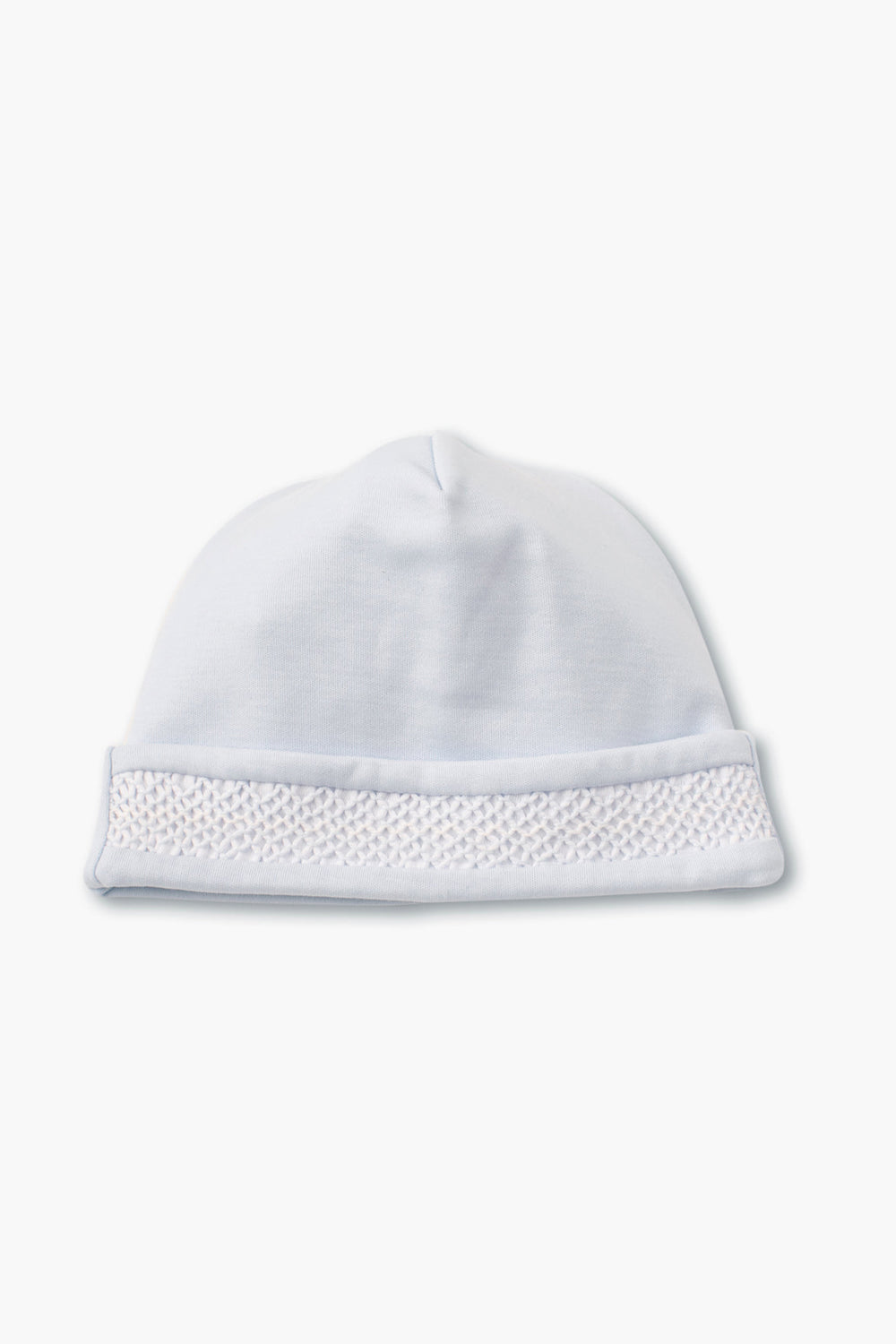 Kissy Kissy light blue baby hat with a folded brim and hand-smocked woven band at the front, crafted from soft, durable Pima cotton for comfort.
