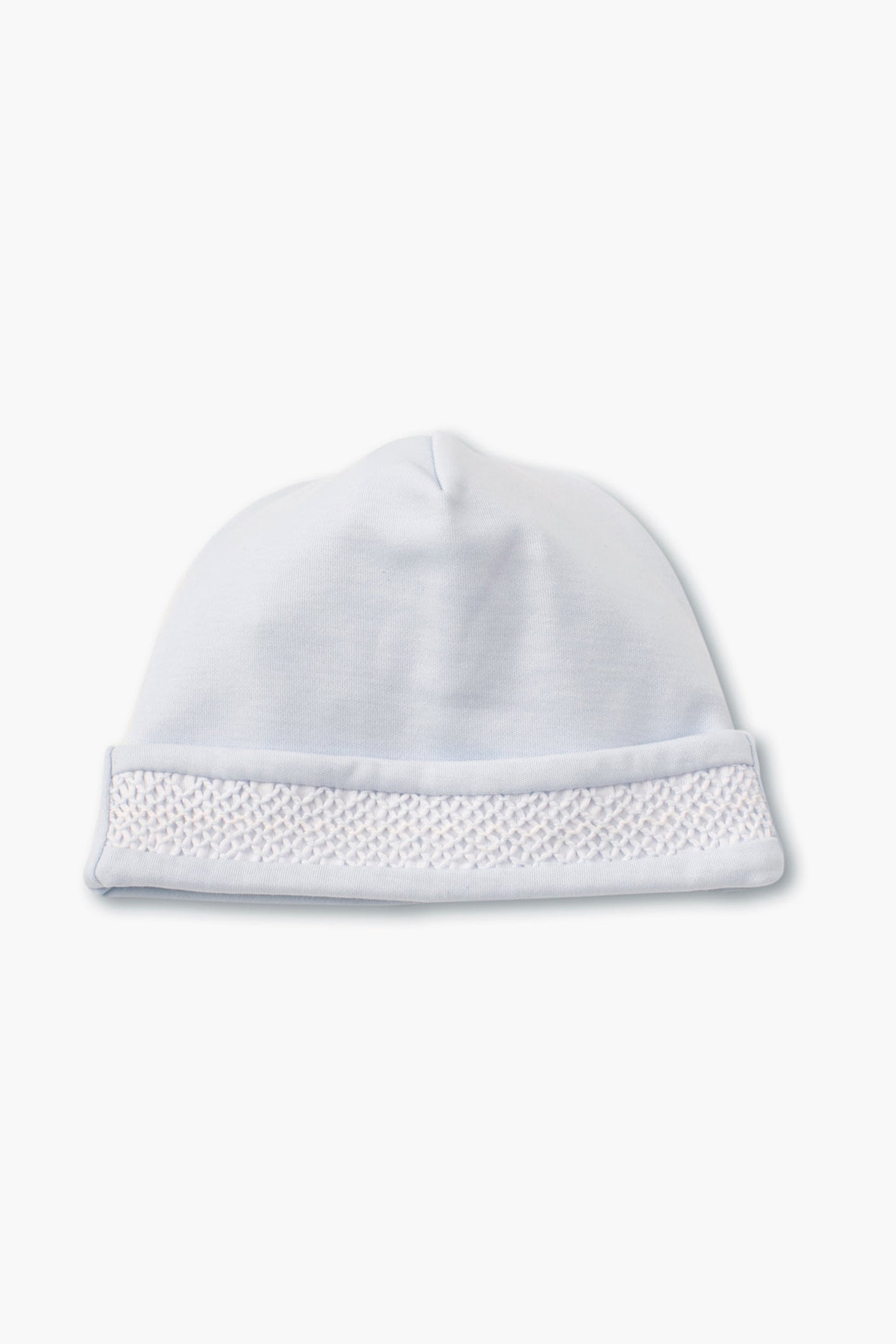 Kissy Kissy light blue baby hat with a folded brim and hand-smocked woven band at the front, crafted from soft, durable Pima cotton for comfort.