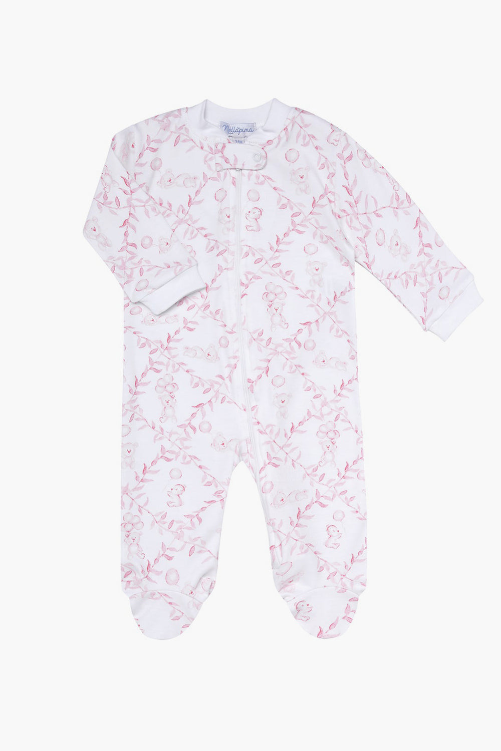 The Nella Pima white footed baby sleeper features a pink floral and teddy bear pattern, soft Peruvian Pima cotton, long sleeves, and a front zipper—a cozy footie for your little one.