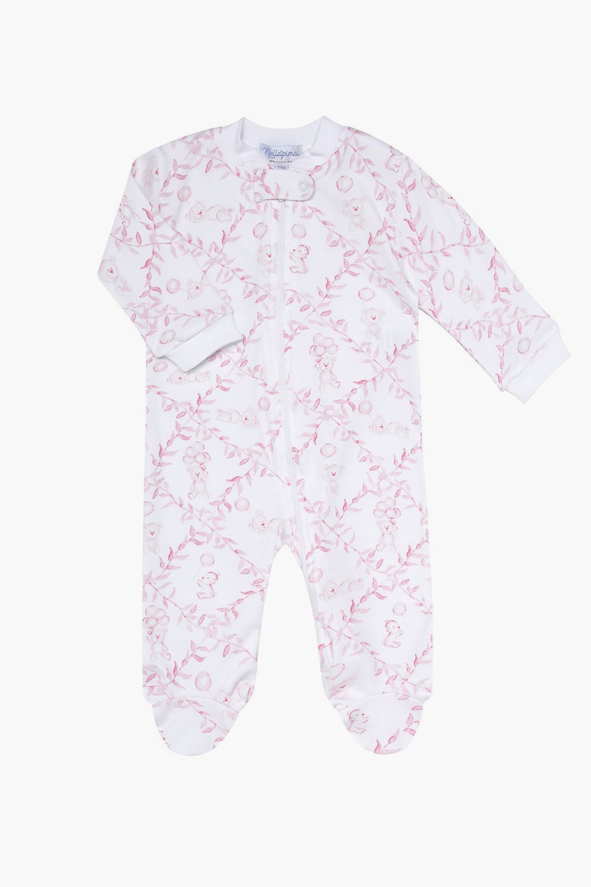 The Nella Pima white footed baby sleeper features a pink floral and teddy bear pattern, soft Peruvian Pima cotton, long sleeves, and a front zipper—a cozy footie for your little one.