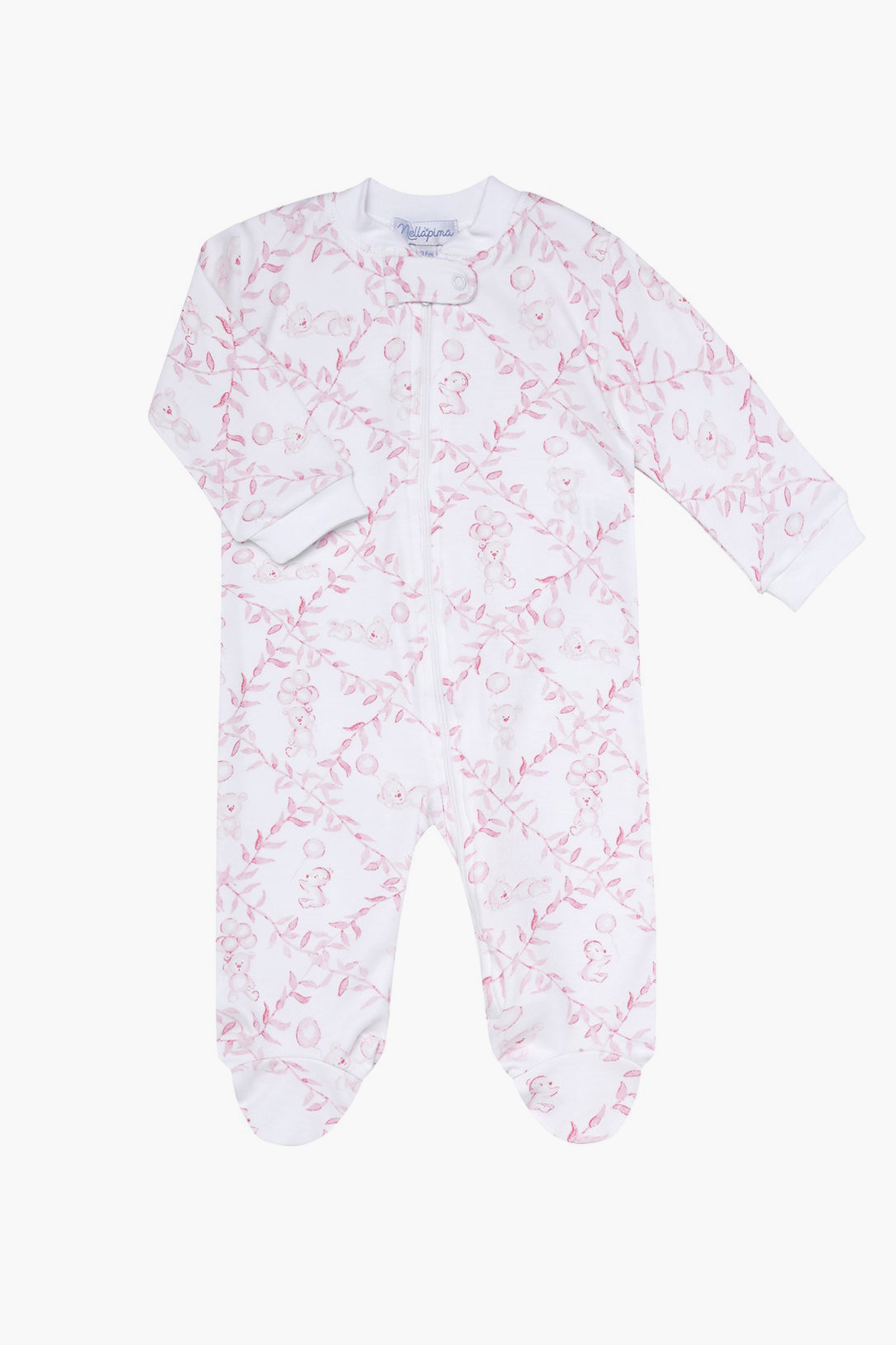 The Nella Pima white footed baby sleeper features a pink floral and teddy bear pattern, soft Peruvian Pima cotton, long sleeves, and a front zipper—a cozy footie for your little one.