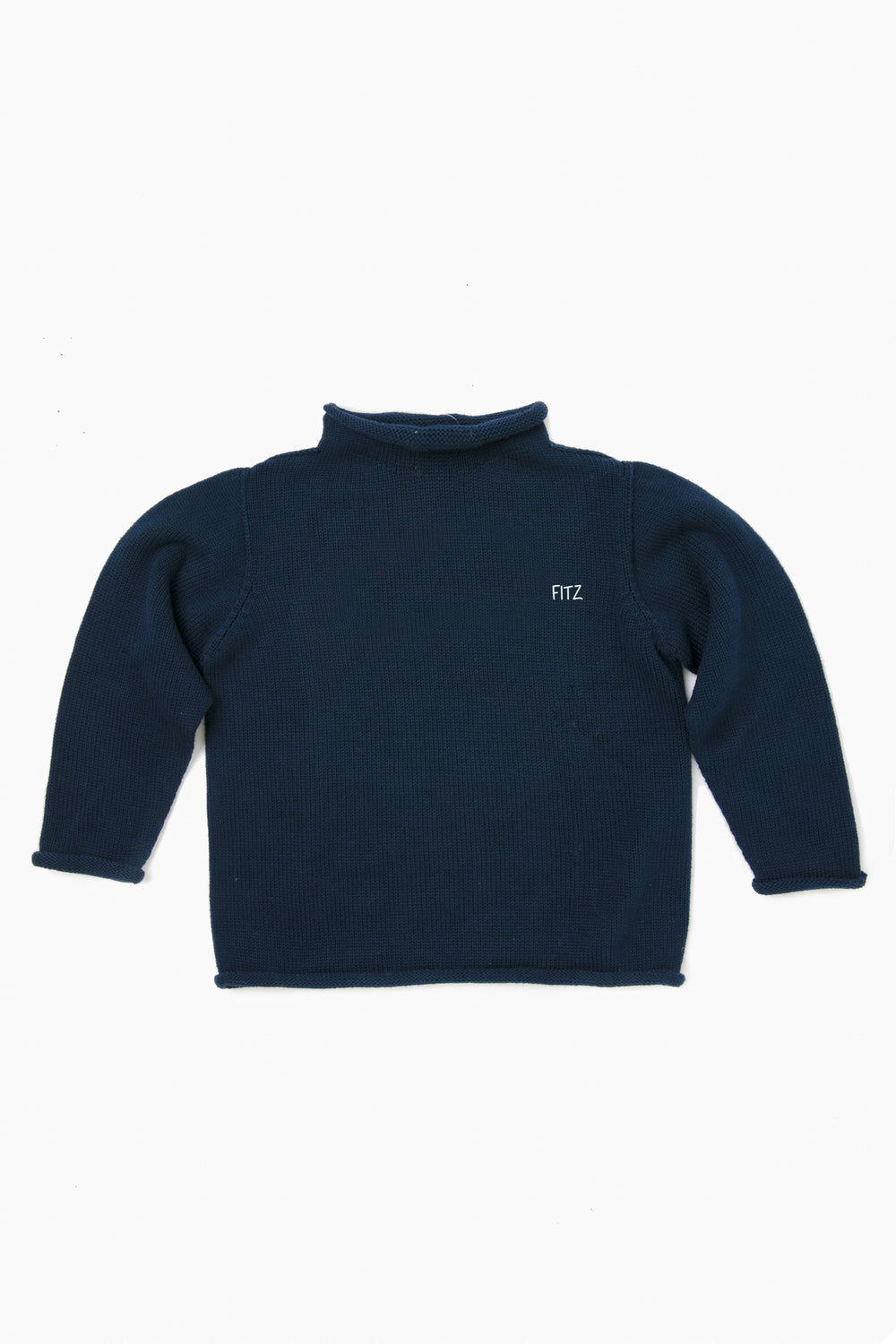 A Soft Idea navy blue cotton kids sweater with long sleeves, mock neck, and FITZ monogram on the left chest.