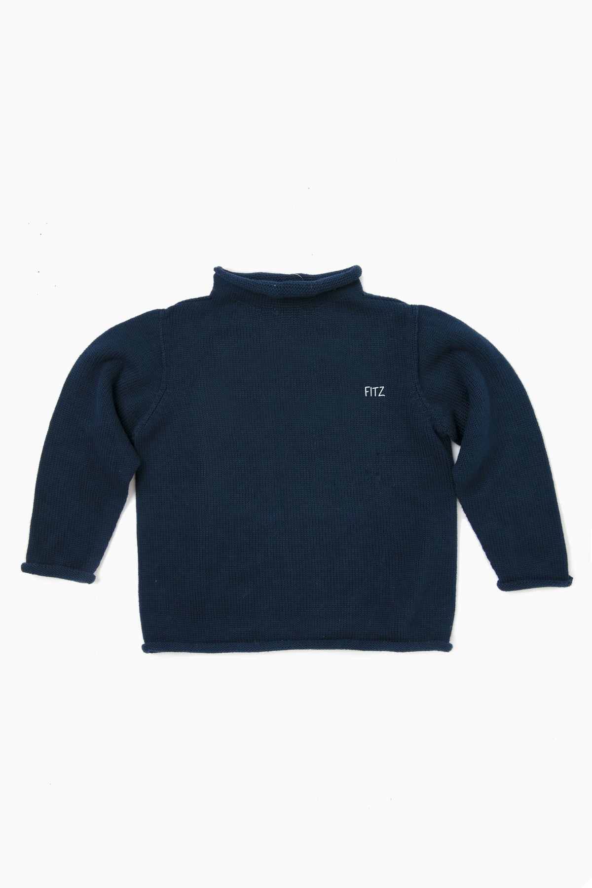 A Soft Idea navy blue cotton kids sweater with long sleeves, mock neck, and FITZ monogram on the left chest.