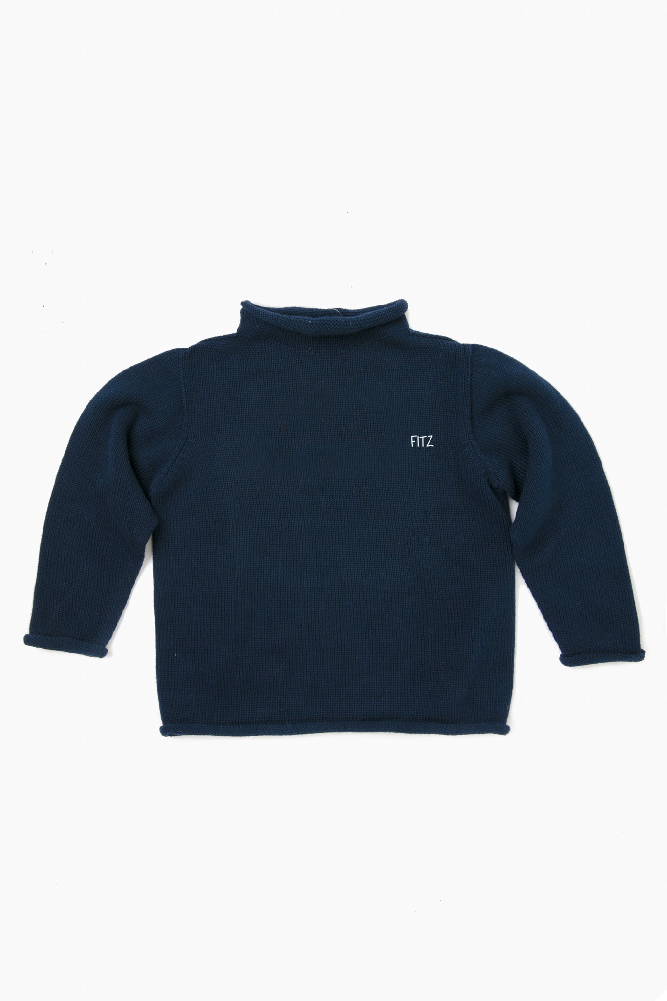 A Soft Idea navy blue cotton kids sweater with long sleeves, mock neck, and FITZ monogram on the left chest.