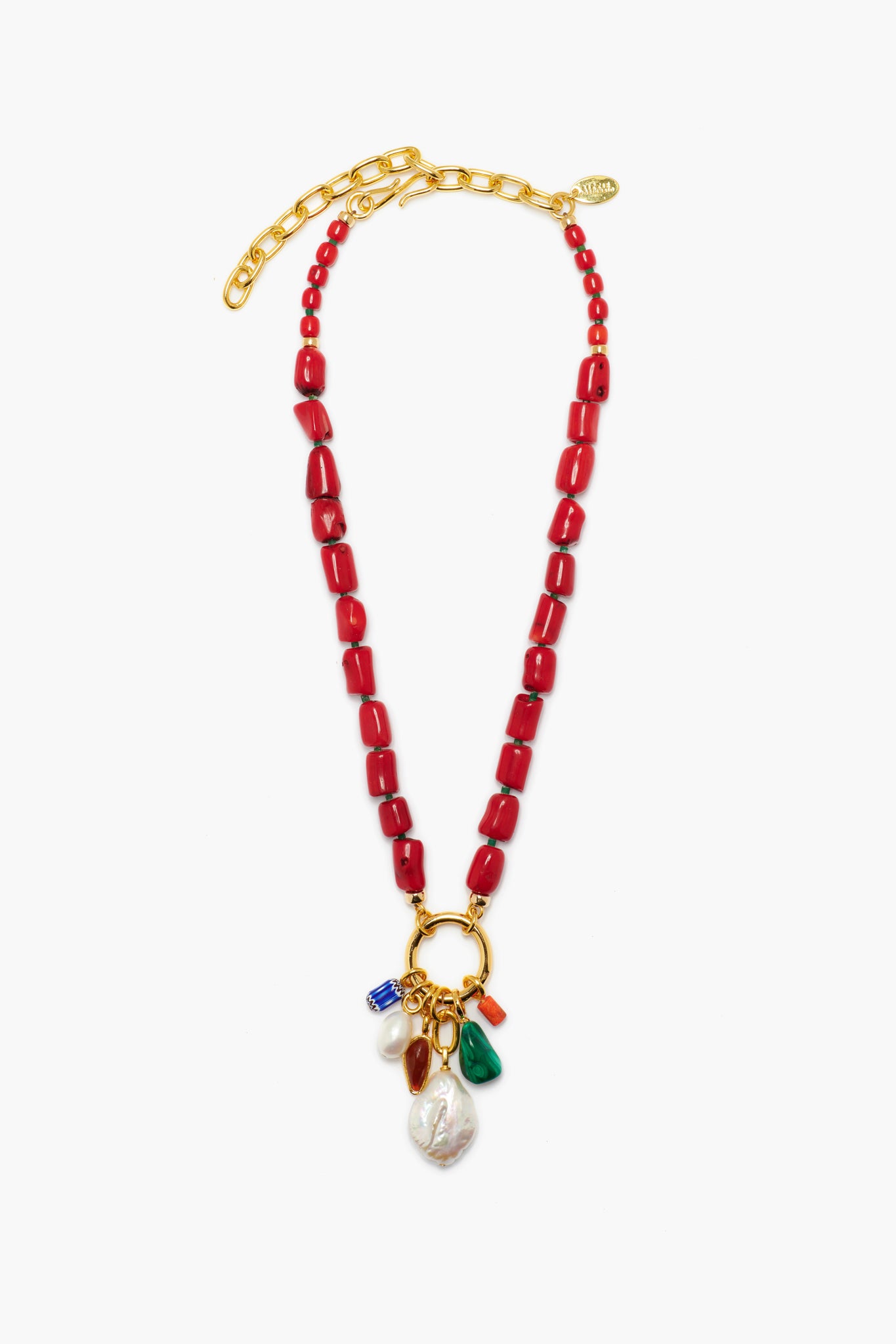 The Lizzie Fortunato bamboo coral necklace features red beads, a gold-plated brass chain clasp, and a gold ring pendant embellished with gemstones and a large irregular freshwater pearl.
