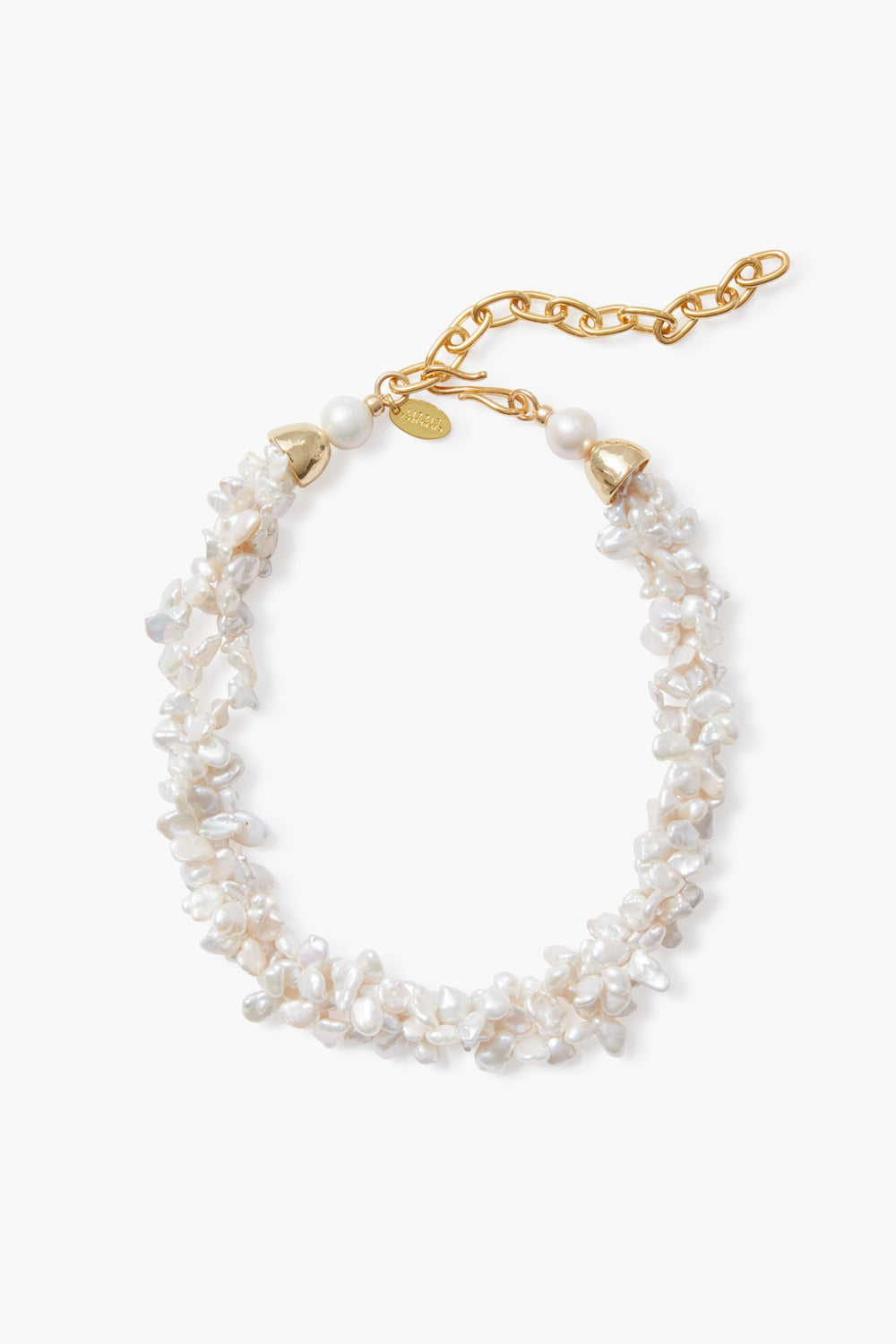 Lizzie Fortunato gold chain bracelet with irregular white pearls, adjustable clasp, small gold tag, and cone-shaped end caps—handmade-inspired for a delicate freshwater pearl necklace look.