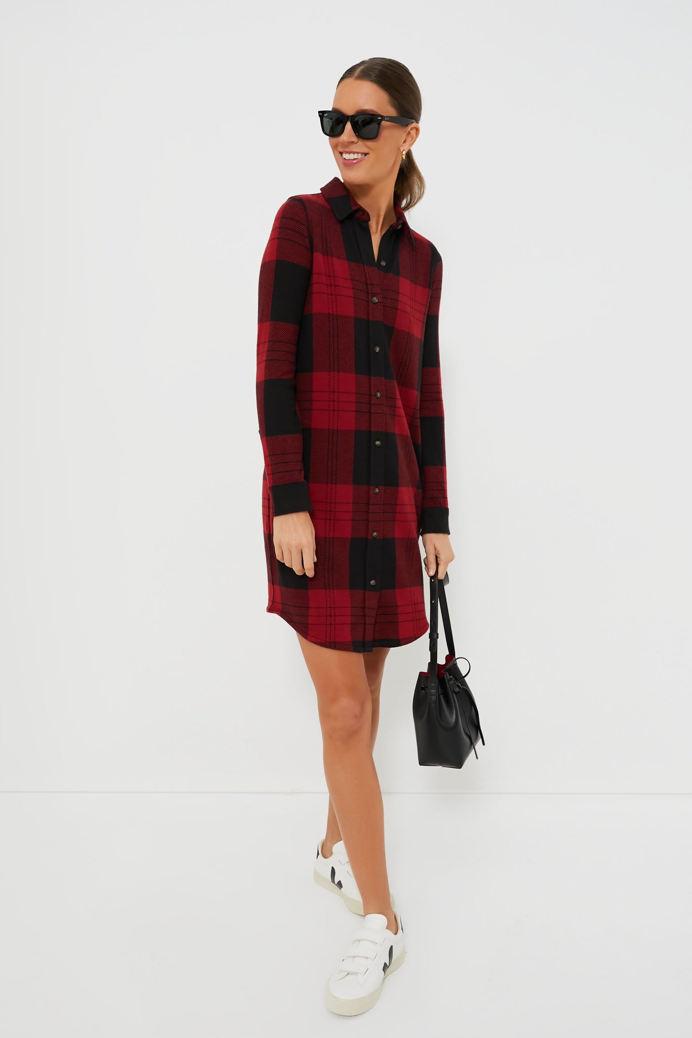 red plaid sweater dress Red Tartan Long Sleeve Tunic Flare Dress Red Tartan Plaid / XL / H23603