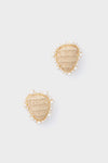 A pair of woven, teardrop-shaped earrings bordered with small white beads from Tuckernuck Jewelry.