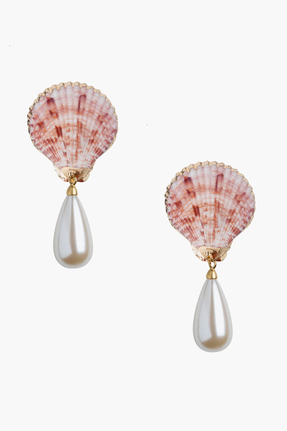 These Neely Phelan scallop shell earrings feature pink tops and teardrop-shaped white pearls, adding a touch of beach-inspired elegance to any outfit.