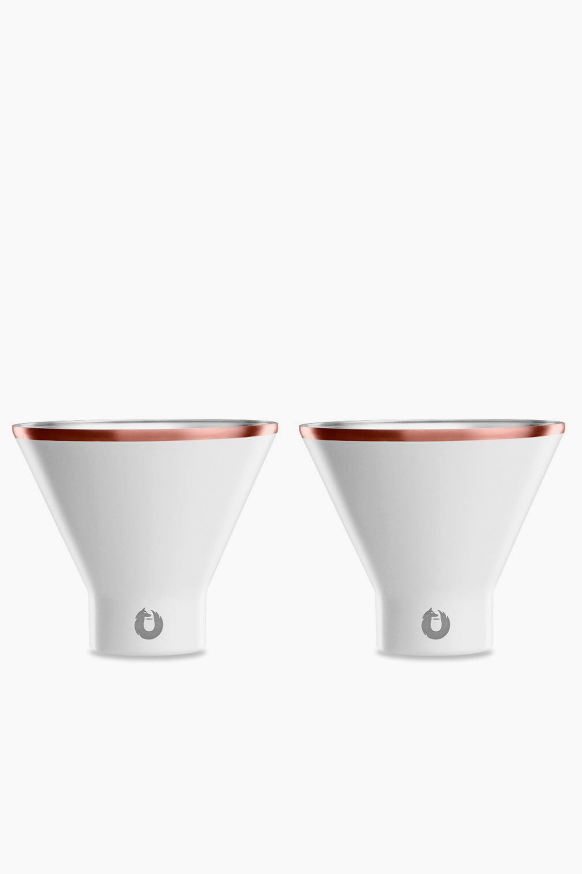 Two white, cone-shaped Snowfox shatterproof martini glasses with metallic rims are placed side by side.