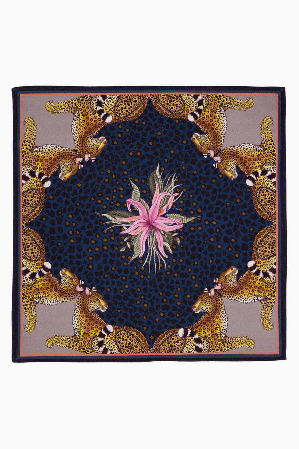 A square scarf by Ardmore Design featuring a central pink flower, a dark blue and black jungle motif, and four cheetahs in the corners, inspired by South African design.