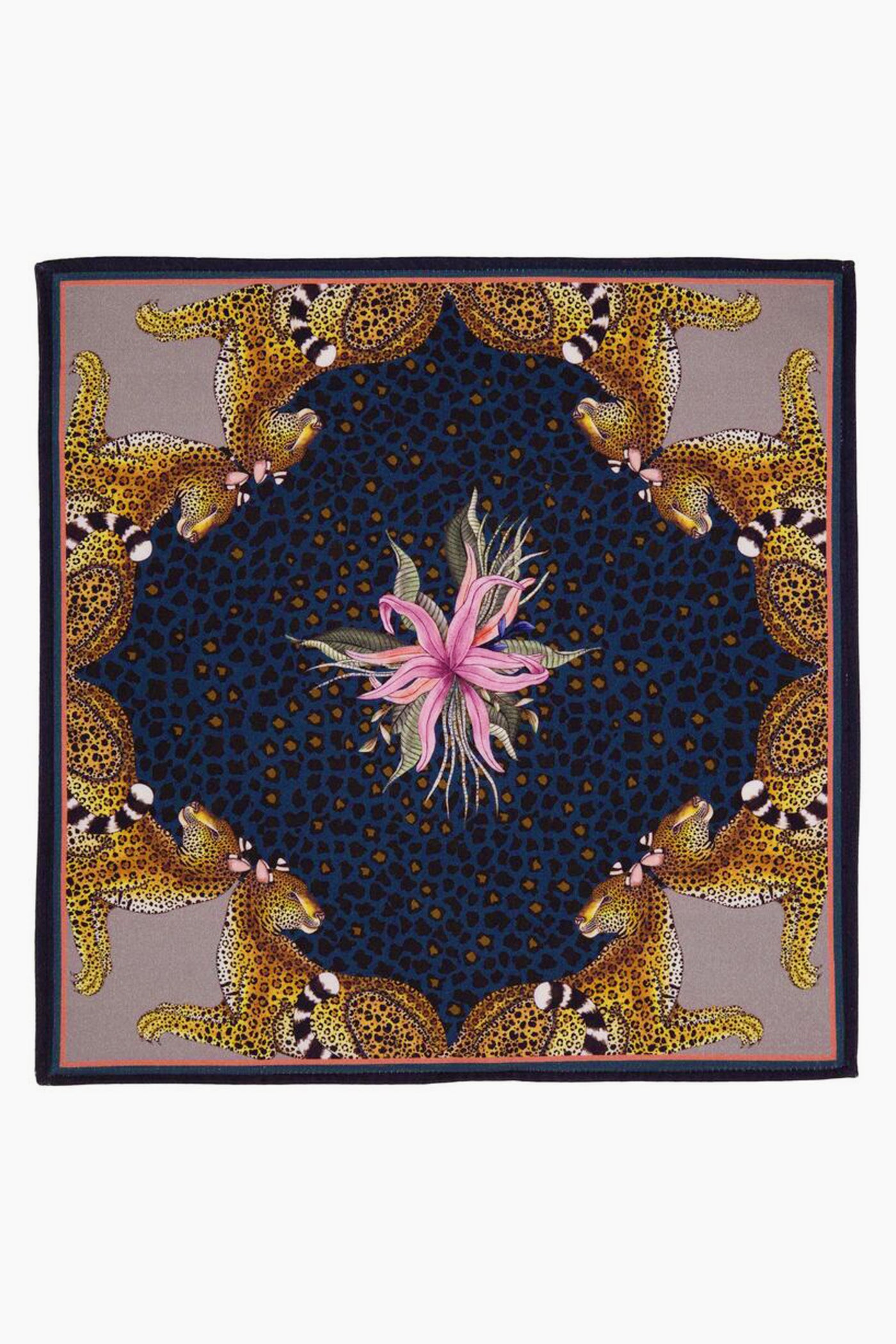 A square scarf by Ardmore Design featuring a central pink flower, a dark blue and black jungle motif, and four cheetahs in the corners, inspired by South African design.