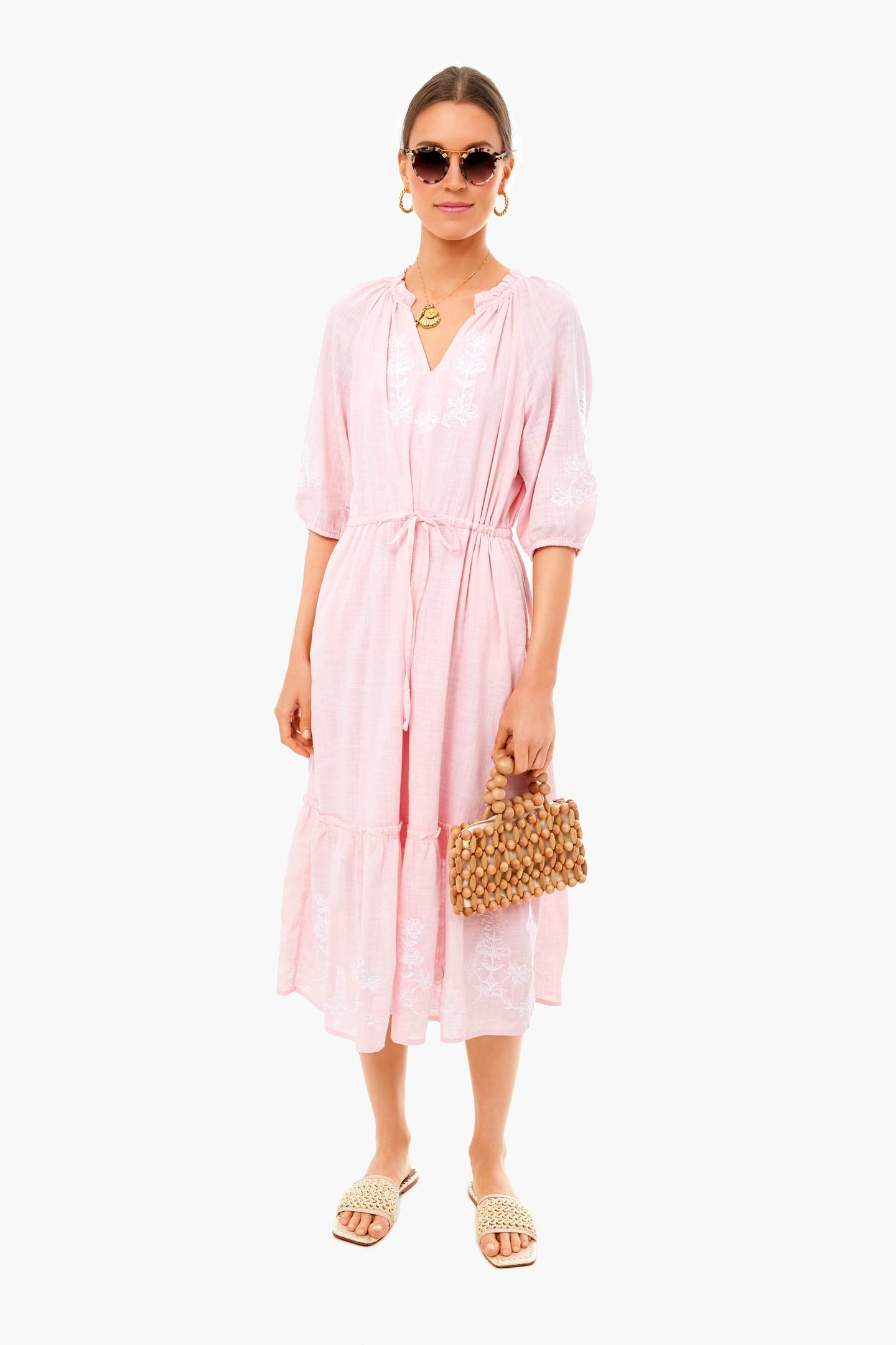 Pink Embroidered Floral Tie Waist Midi Dress