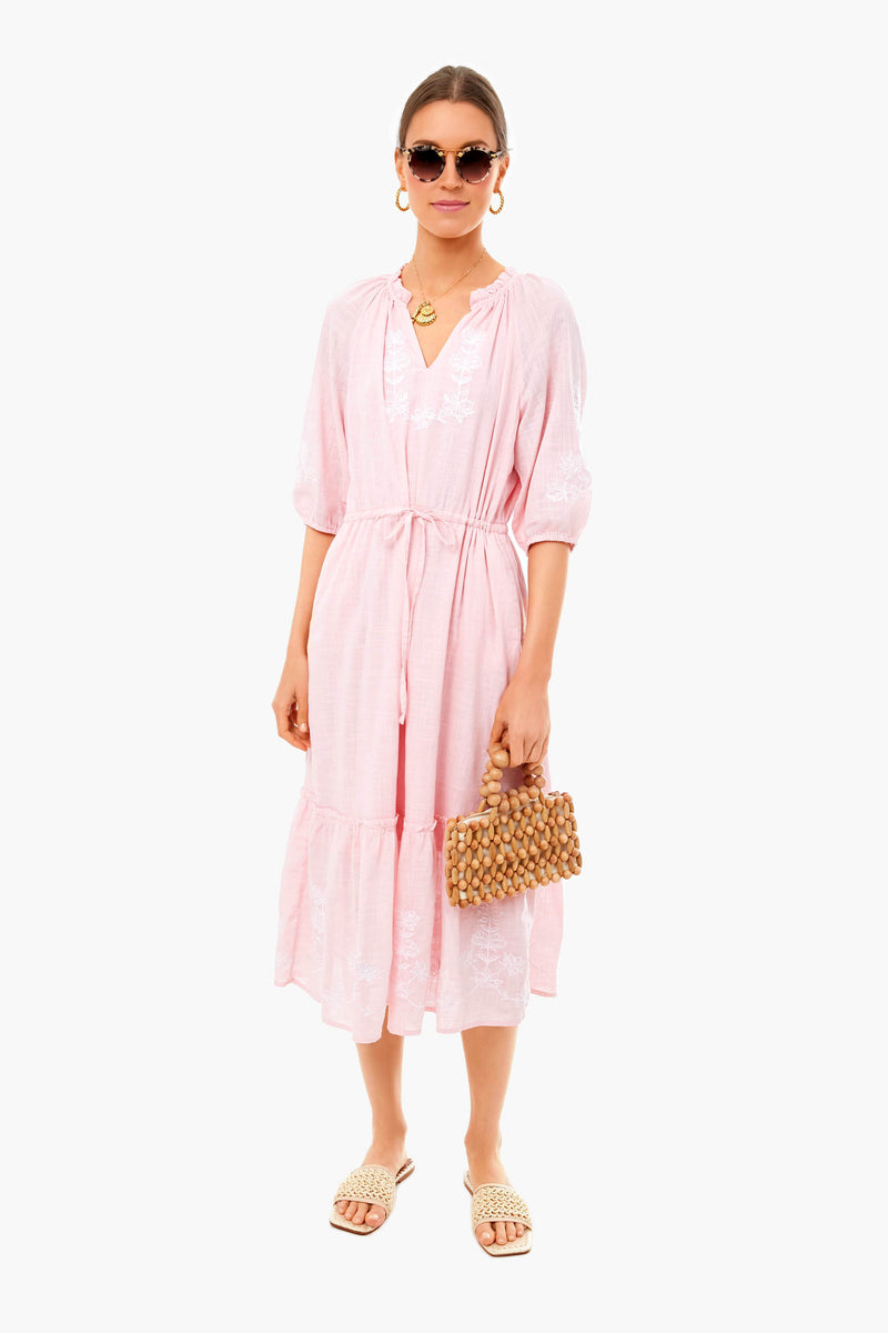Pink Embroidered Floral Tie Waist Midi Dress
