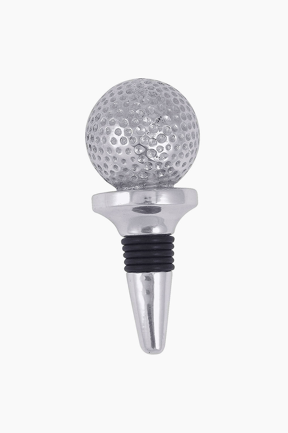 The Mariposa Golf Ball Bottle Stopper is handmade from recycled aluminum, featuring a silver and black golf ball design on top.