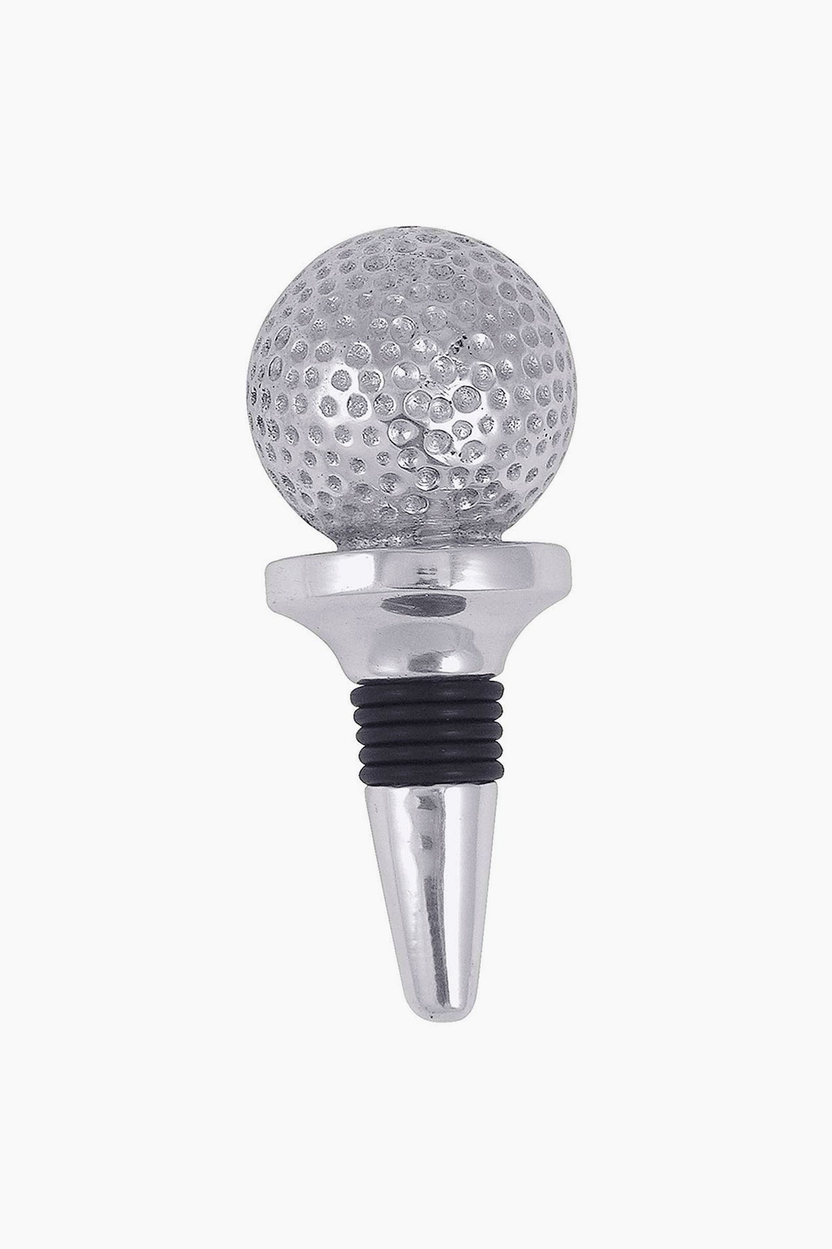 The Mariposa Golf Ball Bottle Stopper is handmade from recycled aluminum, featuring a silver and black golf ball design on top.
