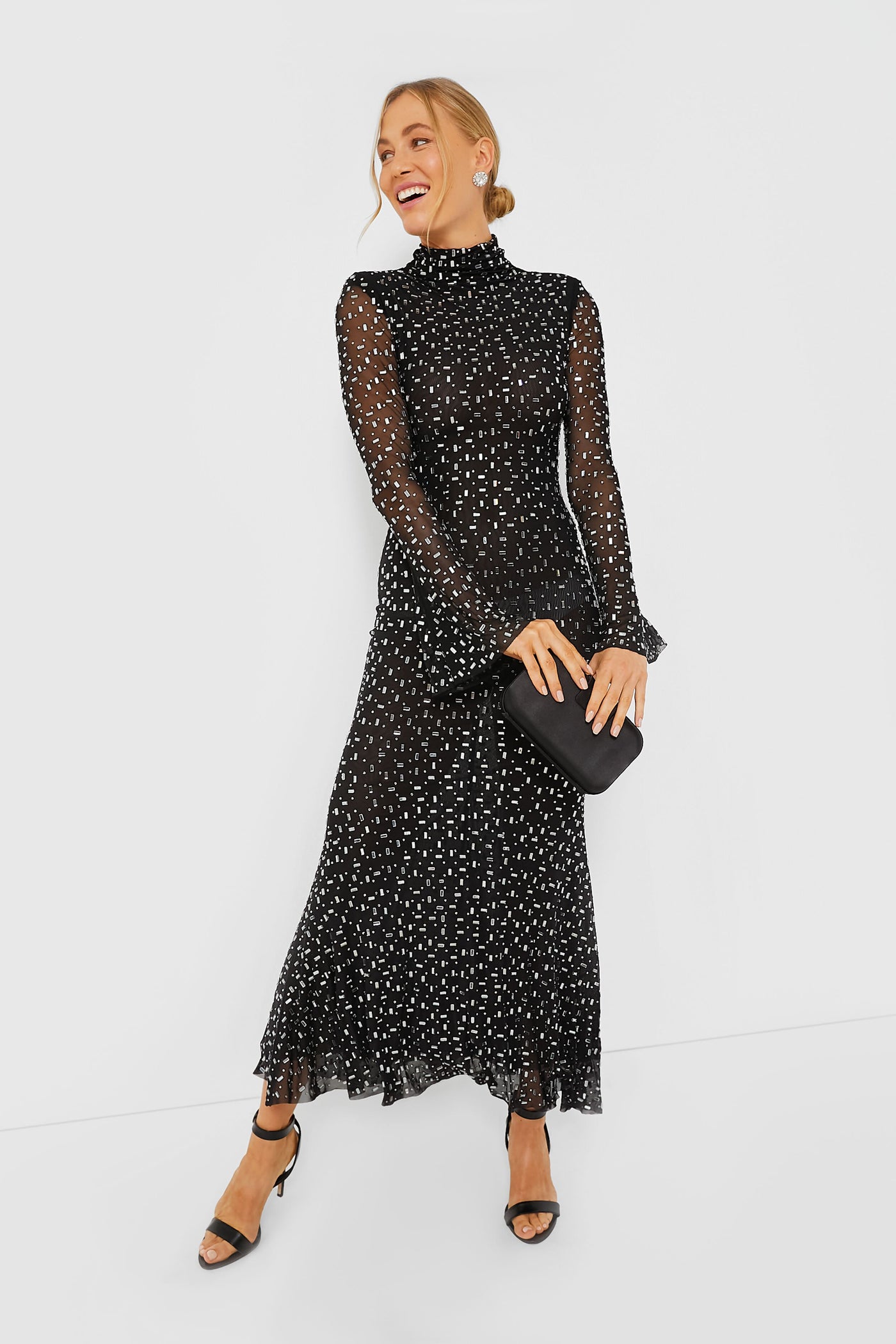 Black Square Rhinestone Mesh Midi Dress