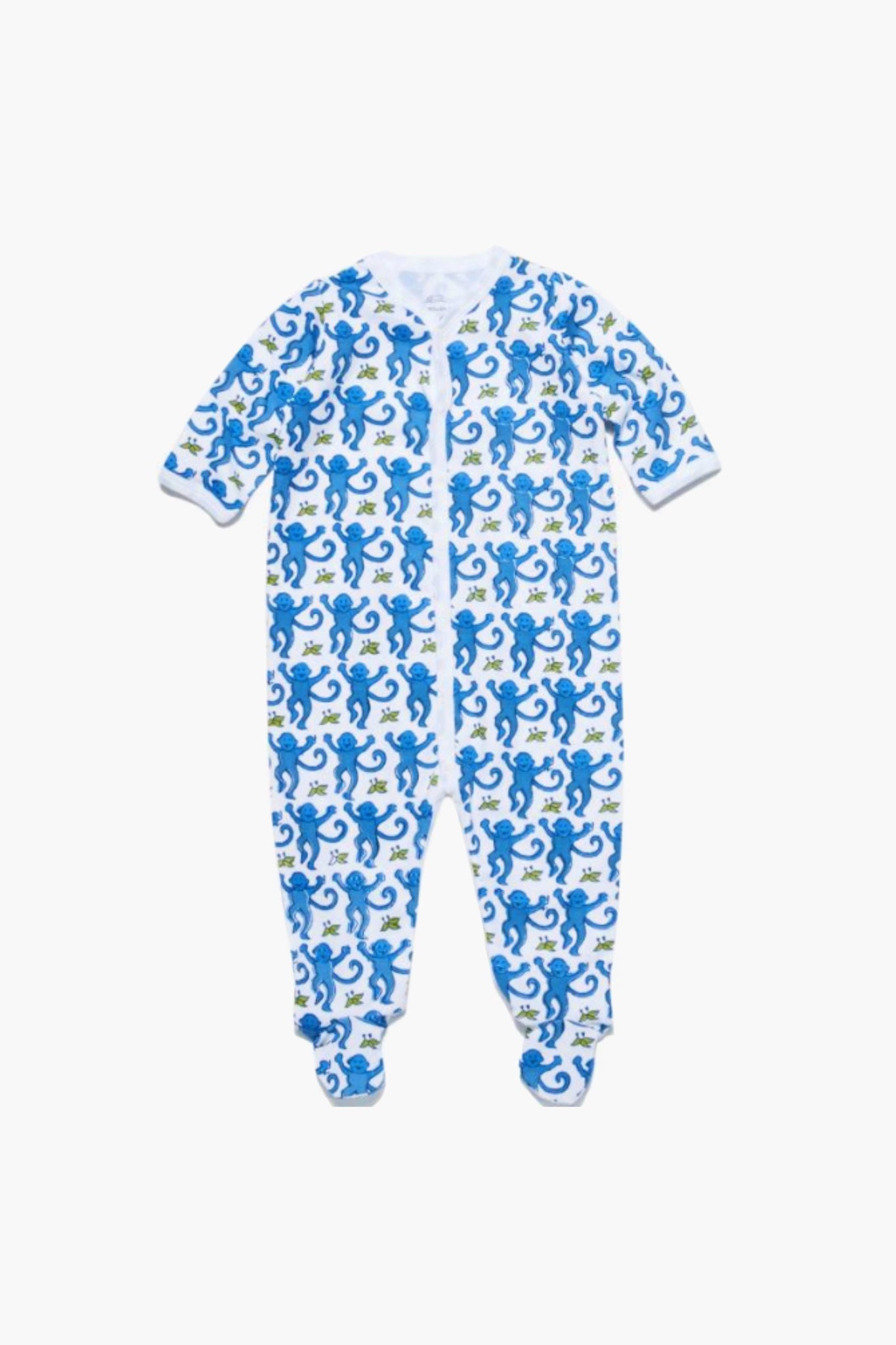 Roller Rabbit onesie crafted from white pima cotton with a blue and green lizard print, featuring long sleeves, footed legs, and a front zipper.