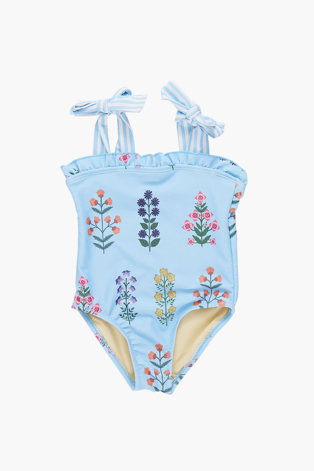 Pink Chicken Field Floral Hero Suit: a light blue one-piece swimsuit with floral print and striped shoulder straps tied in bows.